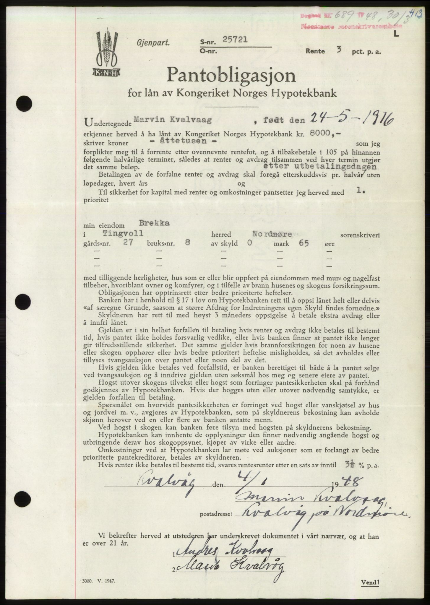 Nordmøre sorenskriveri, AV/SAT-A-4132/1/2/2Ca: Mortgage book no. B98, 1948-1948, Diary no: : 689/1948