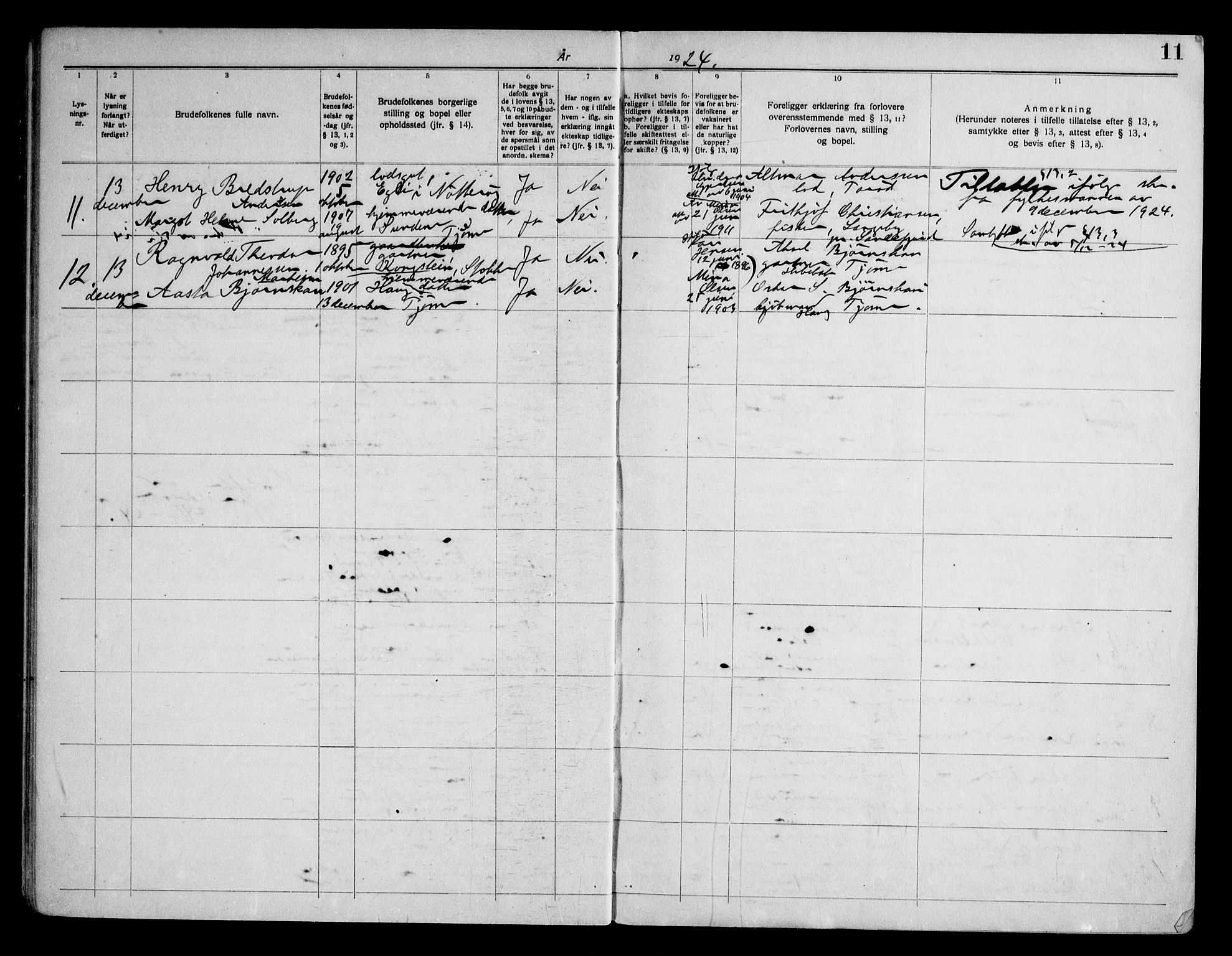 Tjøme kirkebøker, AV/SAKO-A-328/H/Ha/L0002: Banns register no. I 2, 1919-1962, p. 11