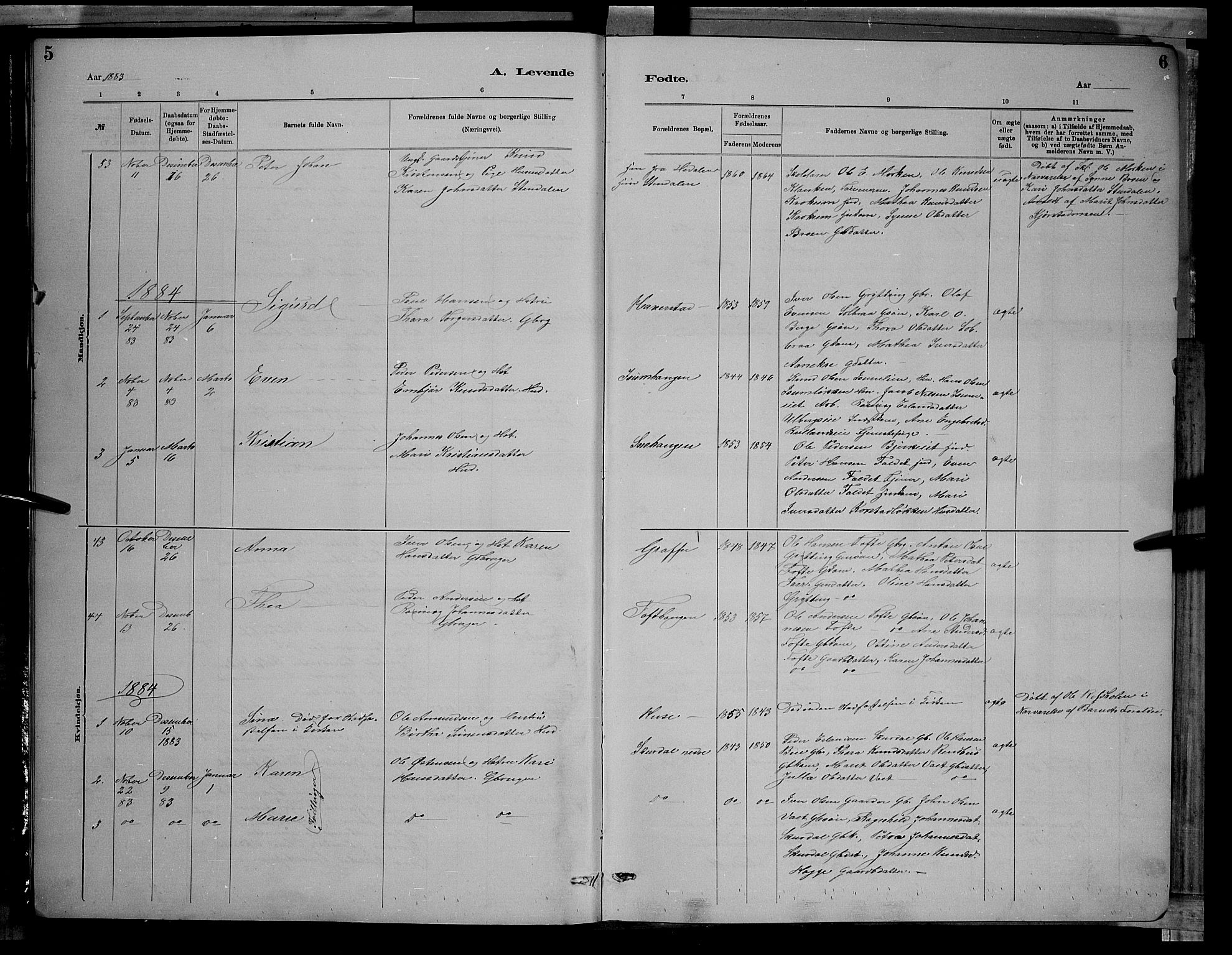 Sør-Fron prestekontor, SAH/PREST-010/H/Ha/Hab/L0003: Parish register (copy) no. 3, 1884-1896, p. 5-6