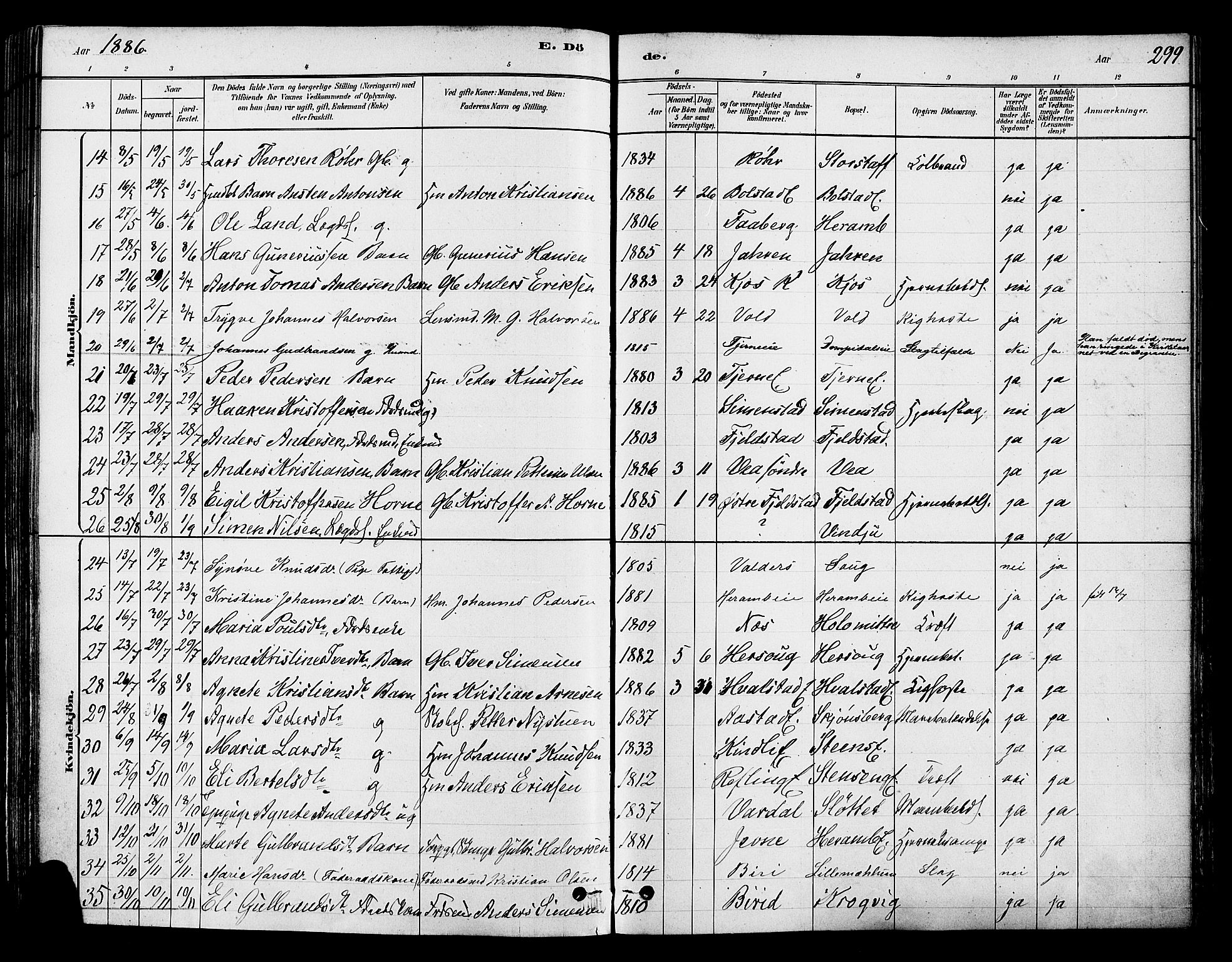 Ringsaker prestekontor, AV/SAH-PREST-014/K/Ka/L0012: Parish register (official) no. 12, 1879-1890, p. 299