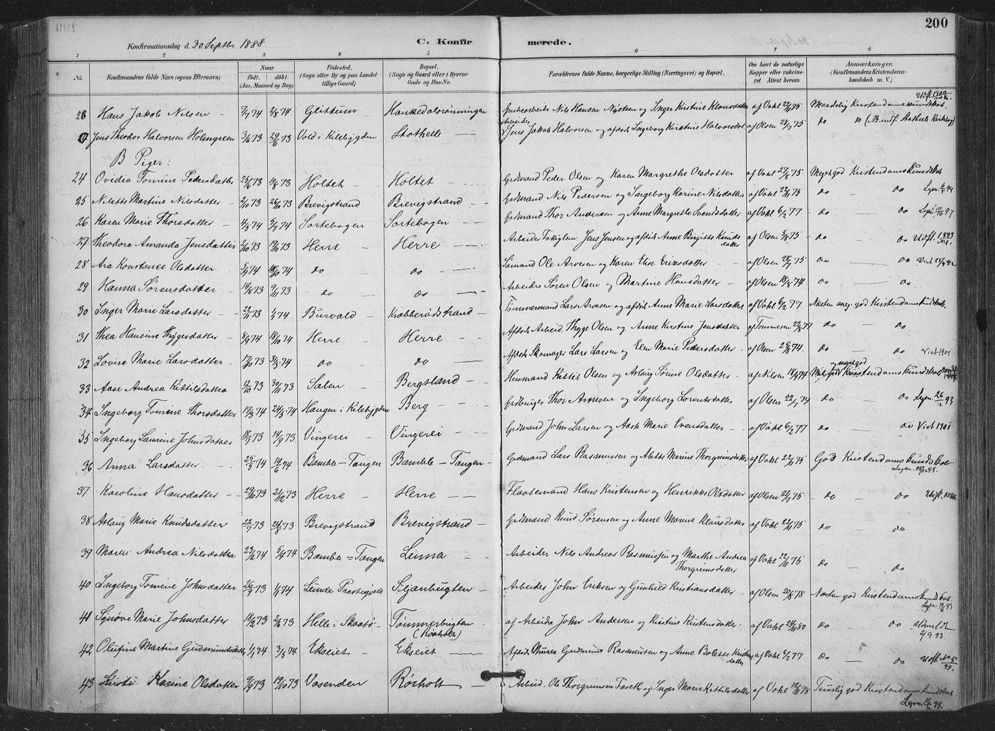 Bamble kirkebøker, AV/SAKO-A-253/F/Fa/L0008: Parish register (official) no. I 8, 1888-1900, p. 200