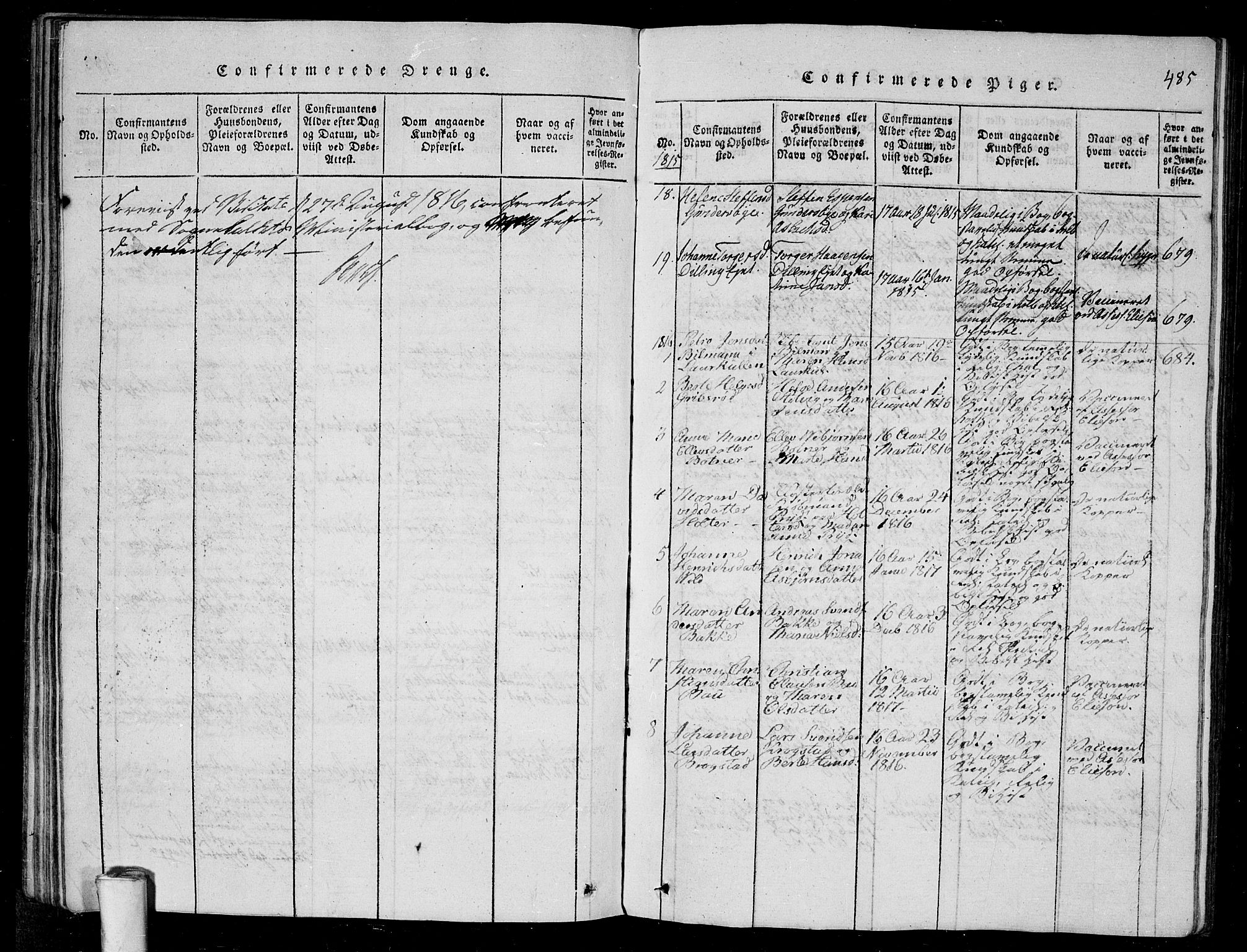 Rygge prestekontor Kirkebøker, AV/SAO-A-10084b/G/Ga/L0001: Parish register (copy) no. 1, 1814-1871, p. 484-485