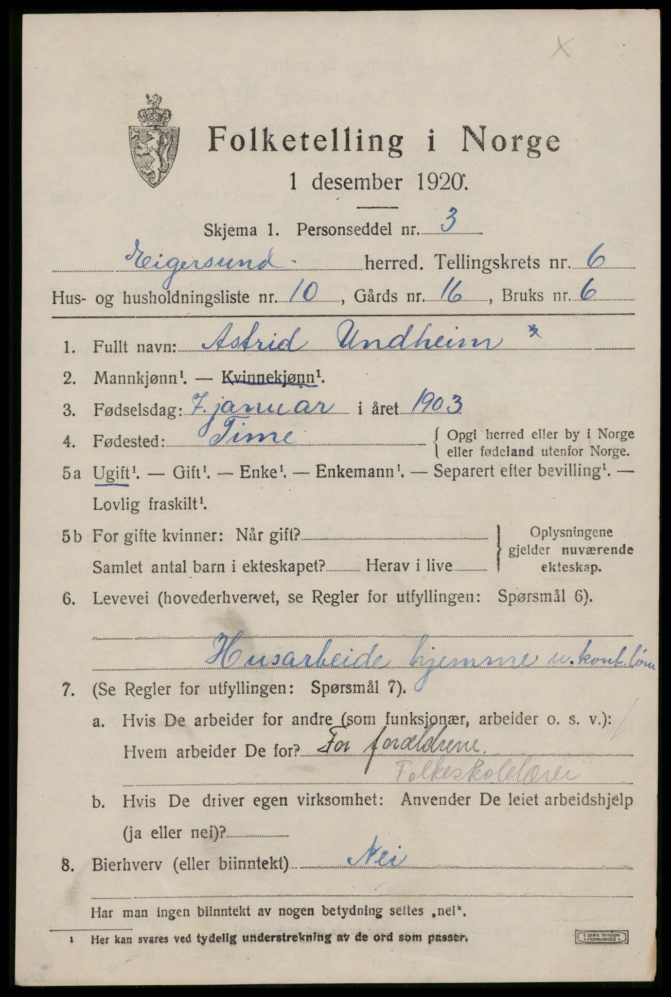 SAST, 1920 census for Eigersund, 1920, p. 3997