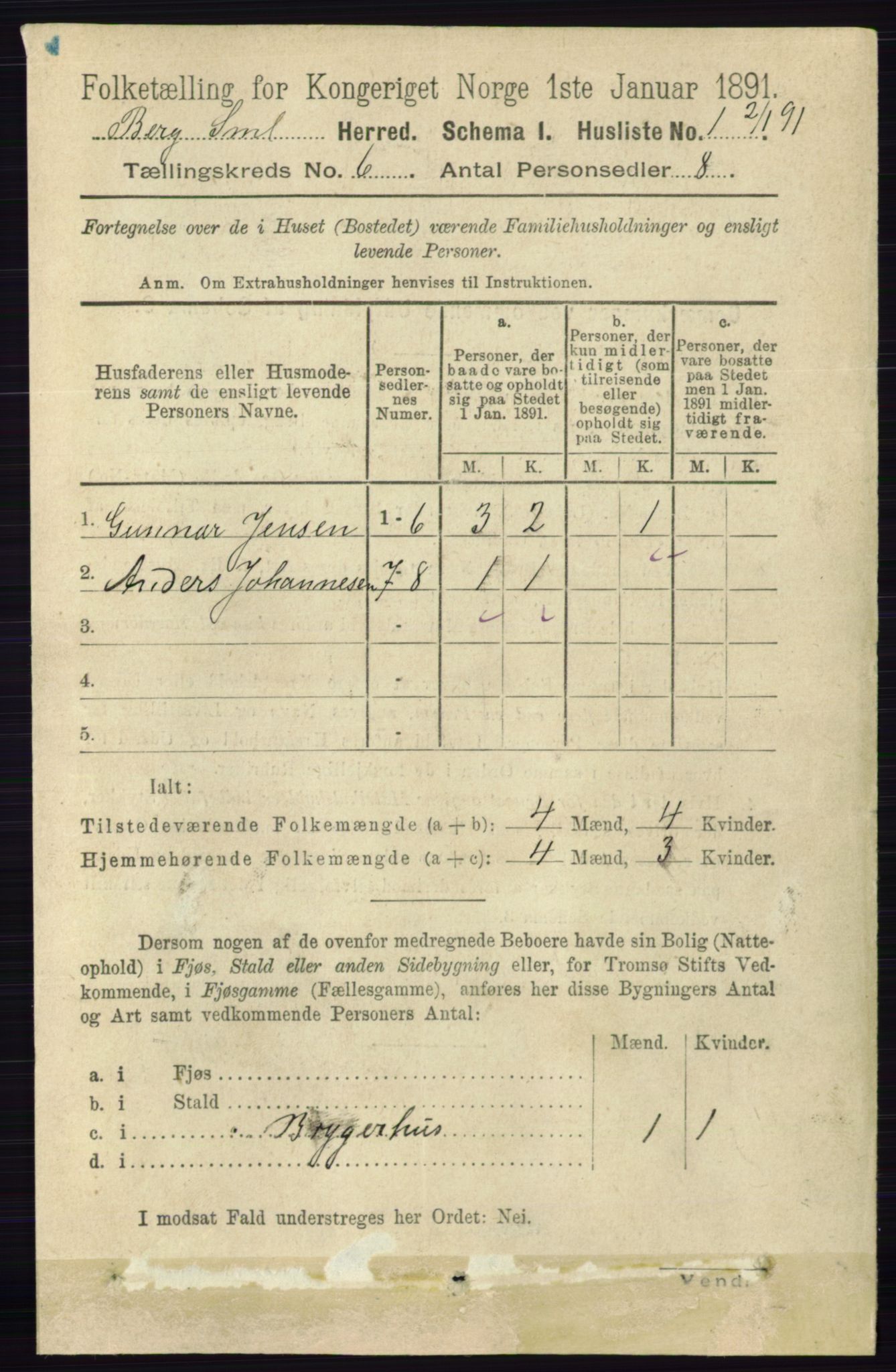 RA, 1891 census for 0116 Berg, 1891, p. 3625