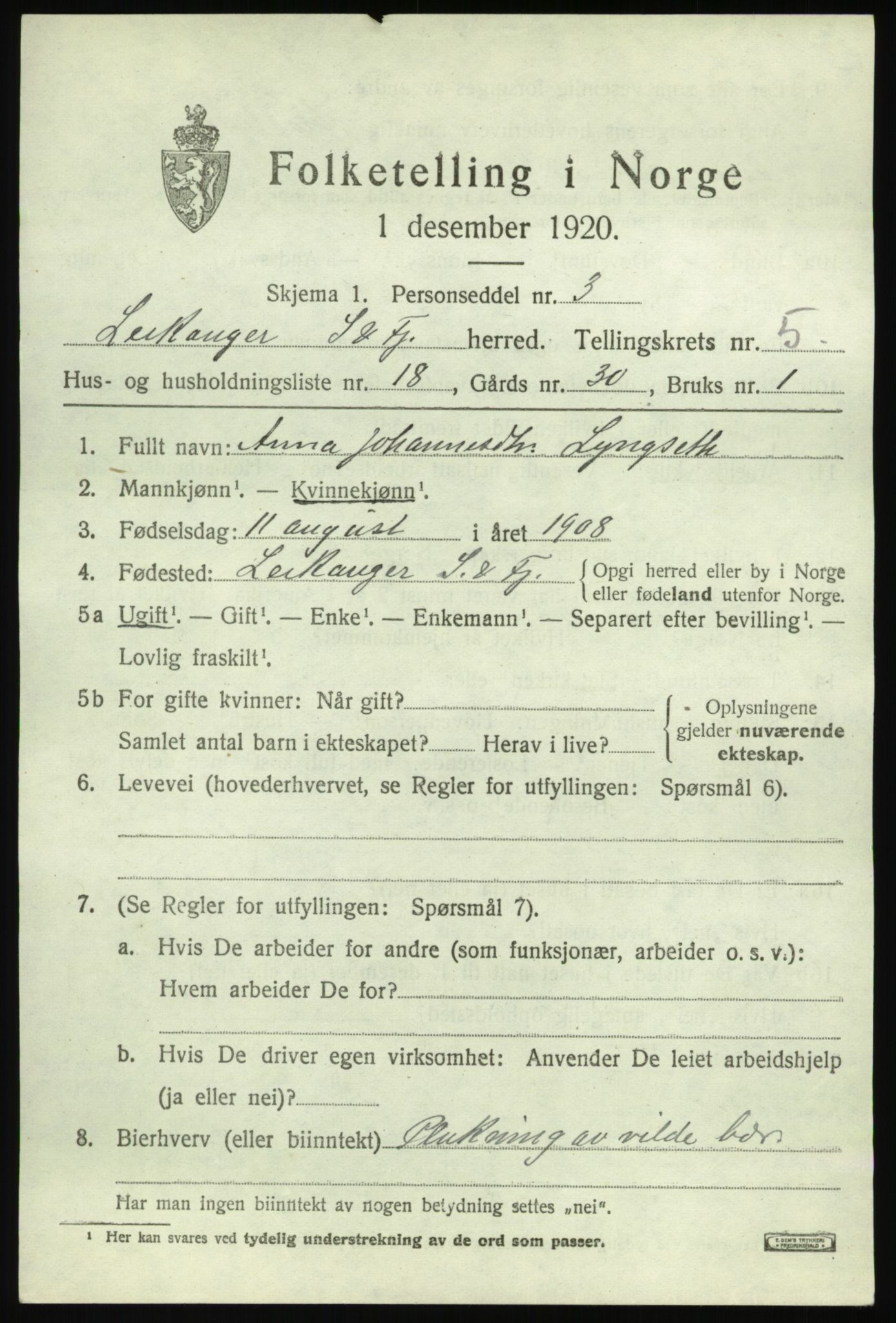 SAB, 1920 census for Leikanger, 1920, p. 3810