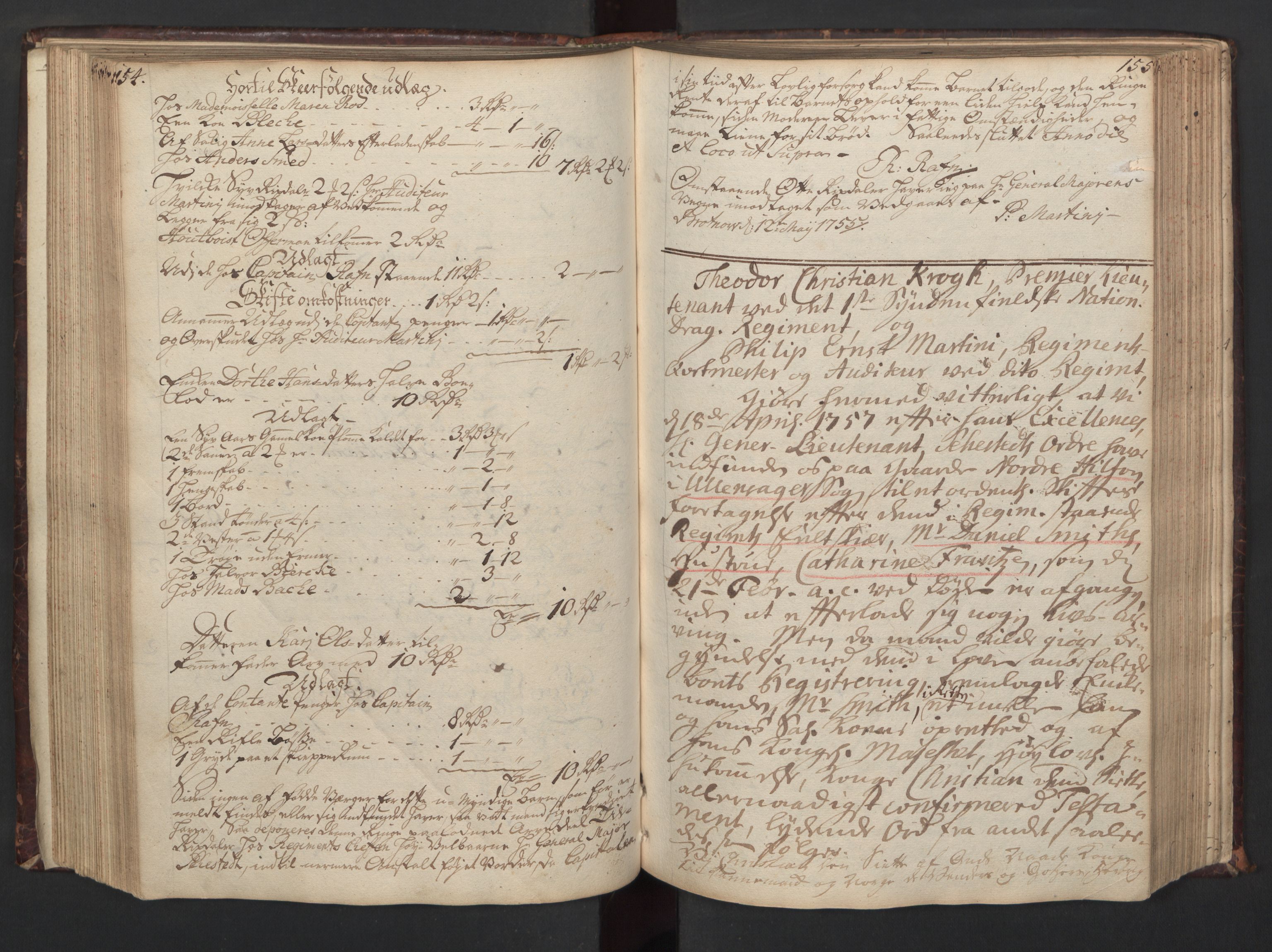 Forsvaret, Generalauditøren, AV/RA-RAFA-1772/F/Fj/Fjc/L0006: Skifteprotokol for 1ste søndenfjeldske dragonregiment, 1735-1763, p. 154-155