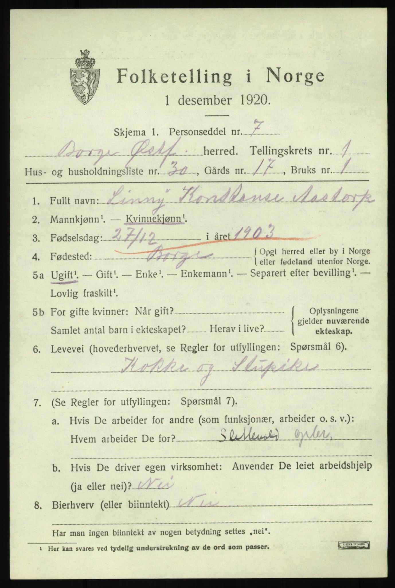 SAO, 1920 census for Borge, 1920, p. 2231
