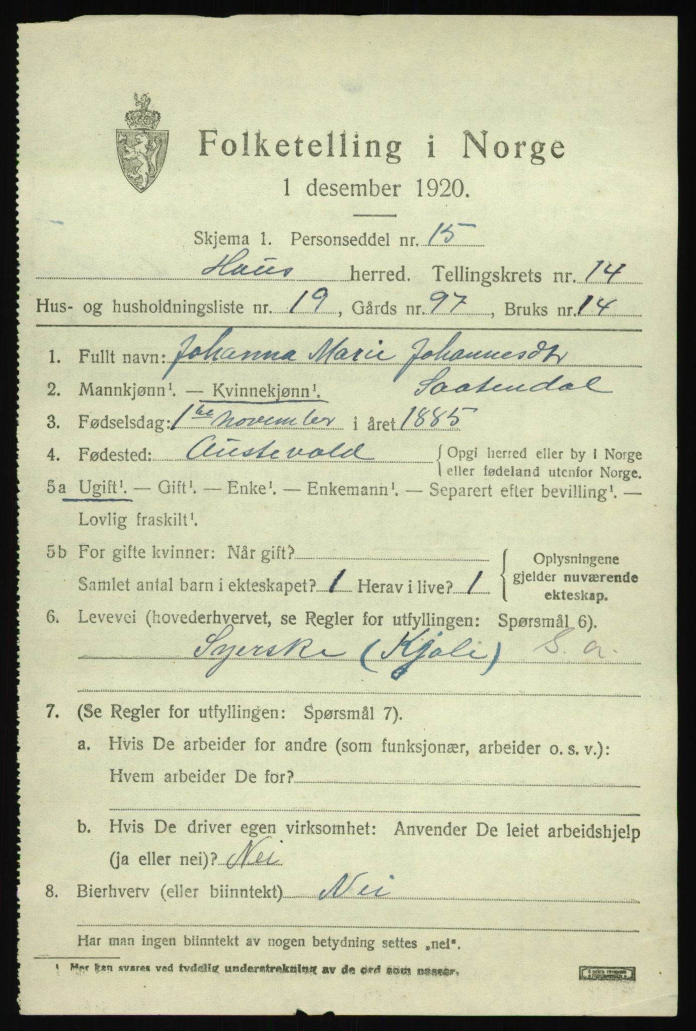 SAB, 1920 census for Haus, 1920, p. 9186