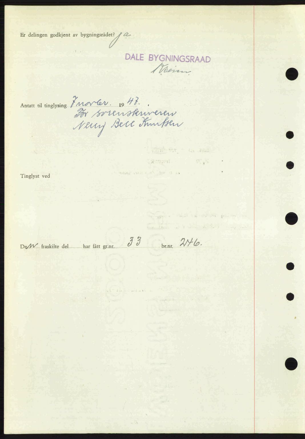 Nordhordland sorenskrivar, SAB/A-2901/1/G/Gb/Gbf/L0032: Mortgage book no. A32, 1947-1947, Diary no: : 2898/1947