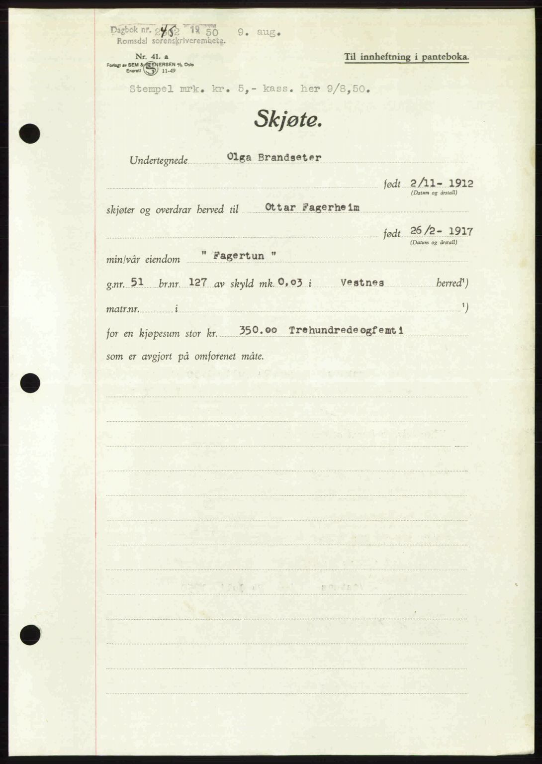 Romsdal sorenskriveri, AV/SAT-A-4149/1/2/2C: Mortgage book no. A34, 1950-1950, Diary no: : 2452/1950