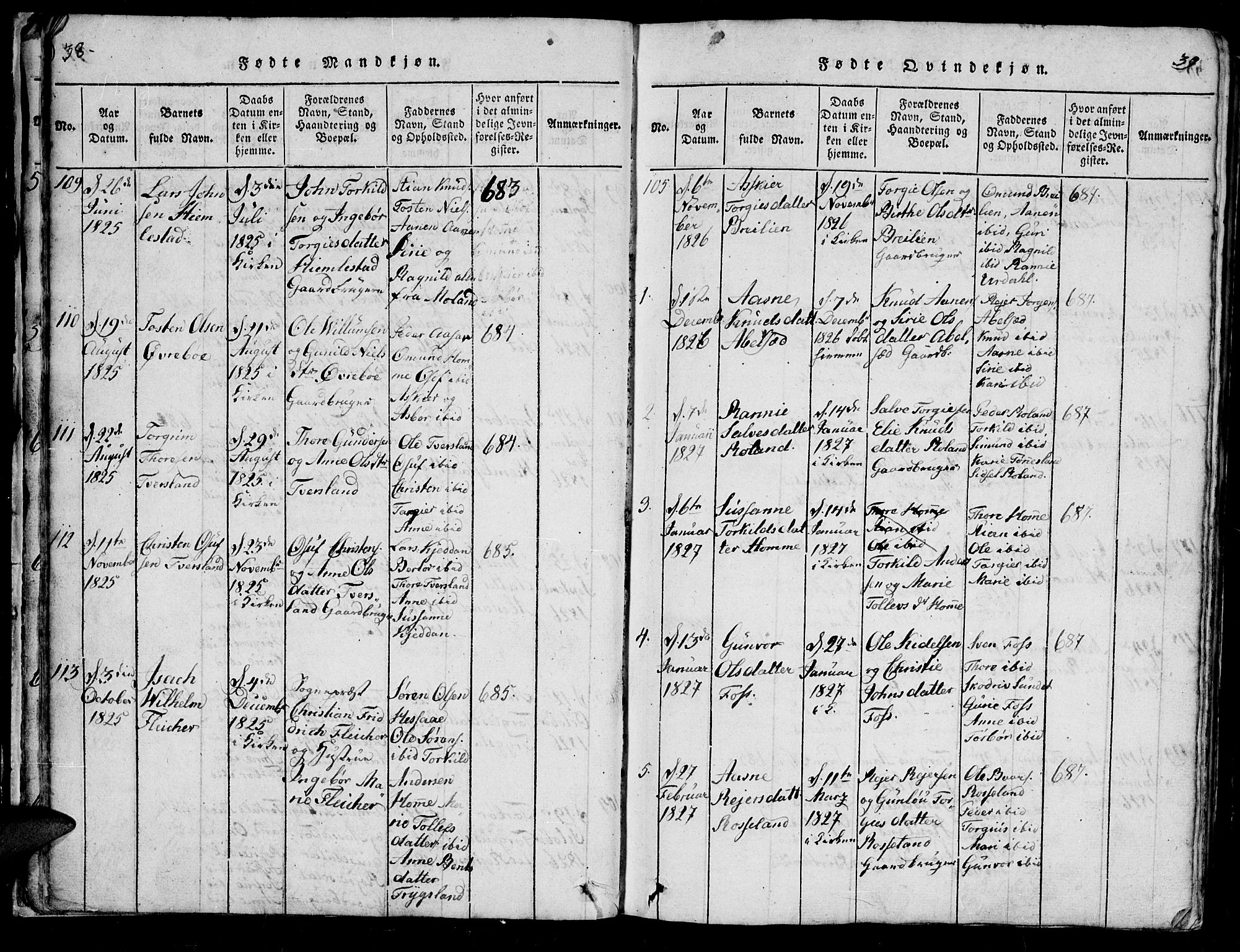 Bjelland sokneprestkontor, SAK/1111-0005/F/Fb/Fba/L0003: Parish register (copy) no. B 3, 1816-1870, p. 38a-39a