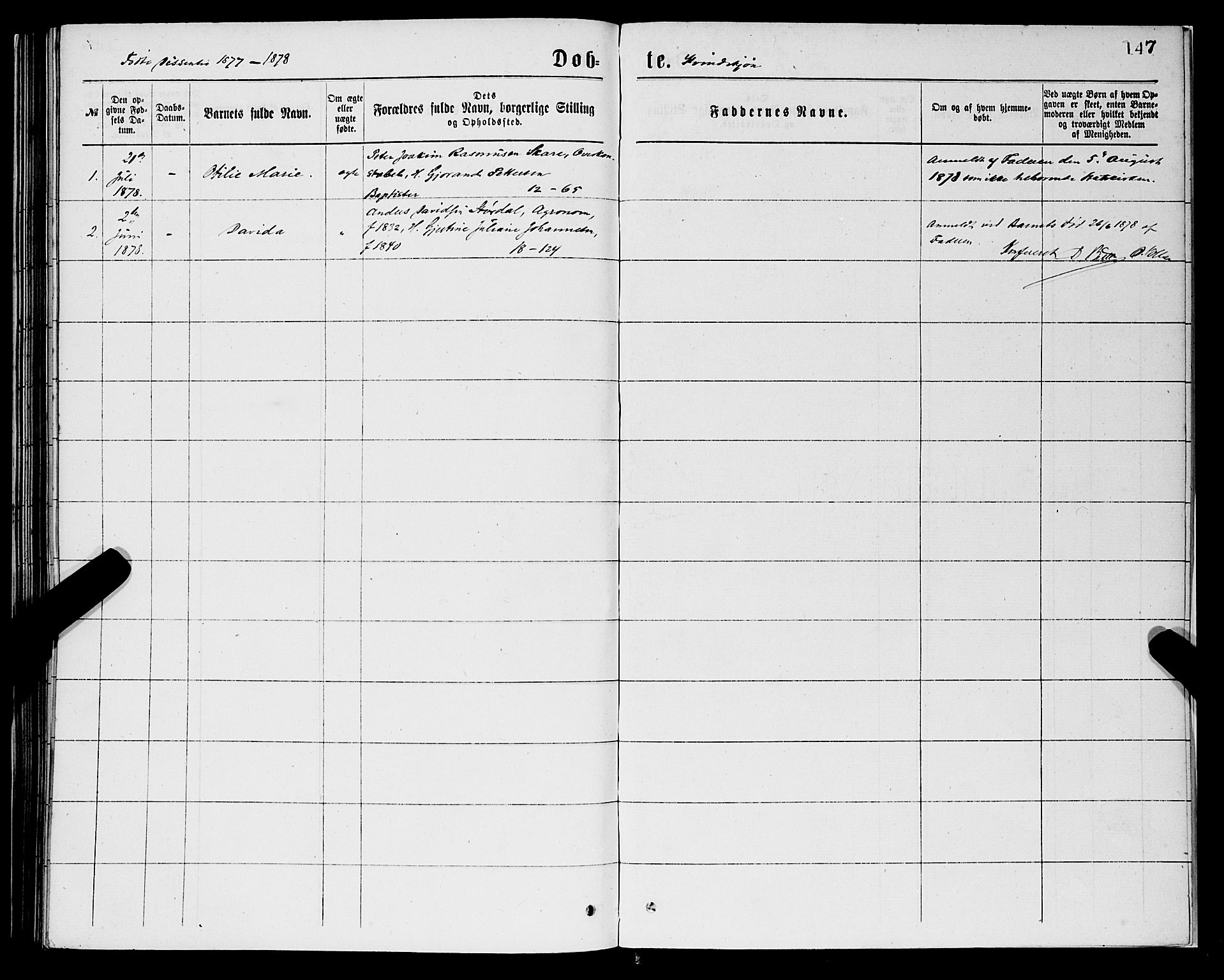 Domkirken sokneprestembete, SAB/A-74801/H/Hab/L0014: Parish register (copy) no. B 7, 1877-1878, p. 147