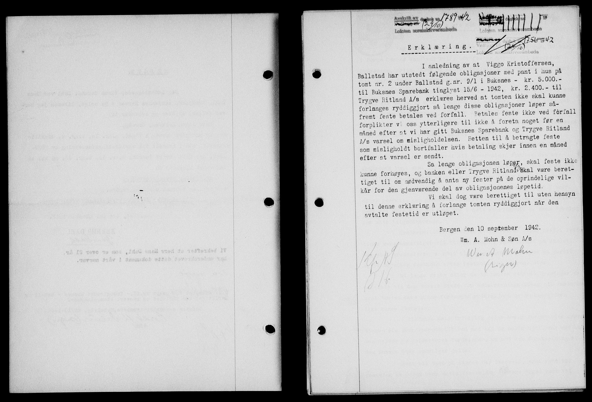 Lofoten sorenskriveri, SAT/A-0017/1/2/2C/L0010a: Mortgage book no. 10a, 1942-1943, Diary no: : 1789/1942