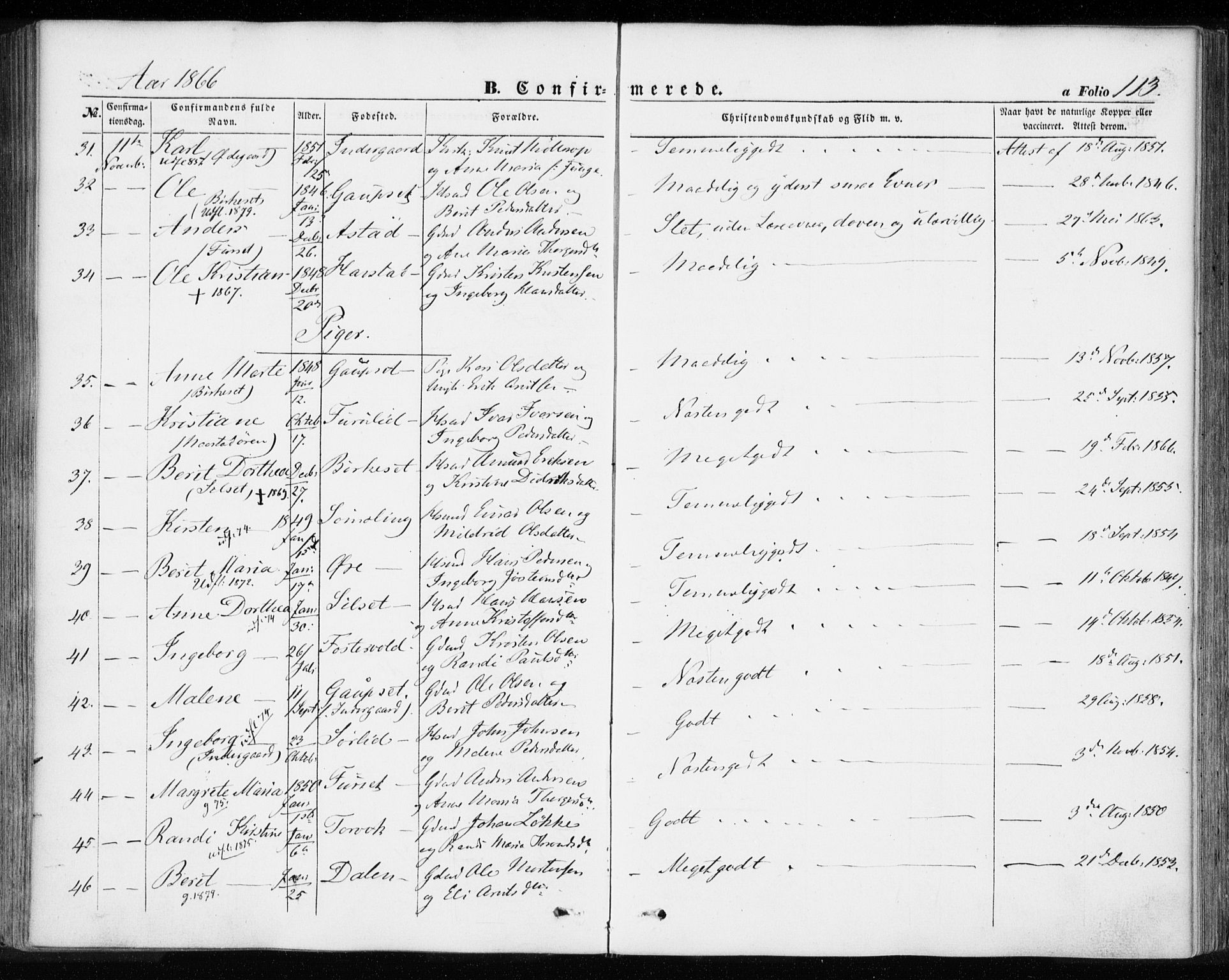 Ministerialprotokoller, klokkerbøker og fødselsregistre - Møre og Romsdal, SAT/A-1454/584/L0965: Parish register (official) no. 584A05, 1857-1868, p. 113