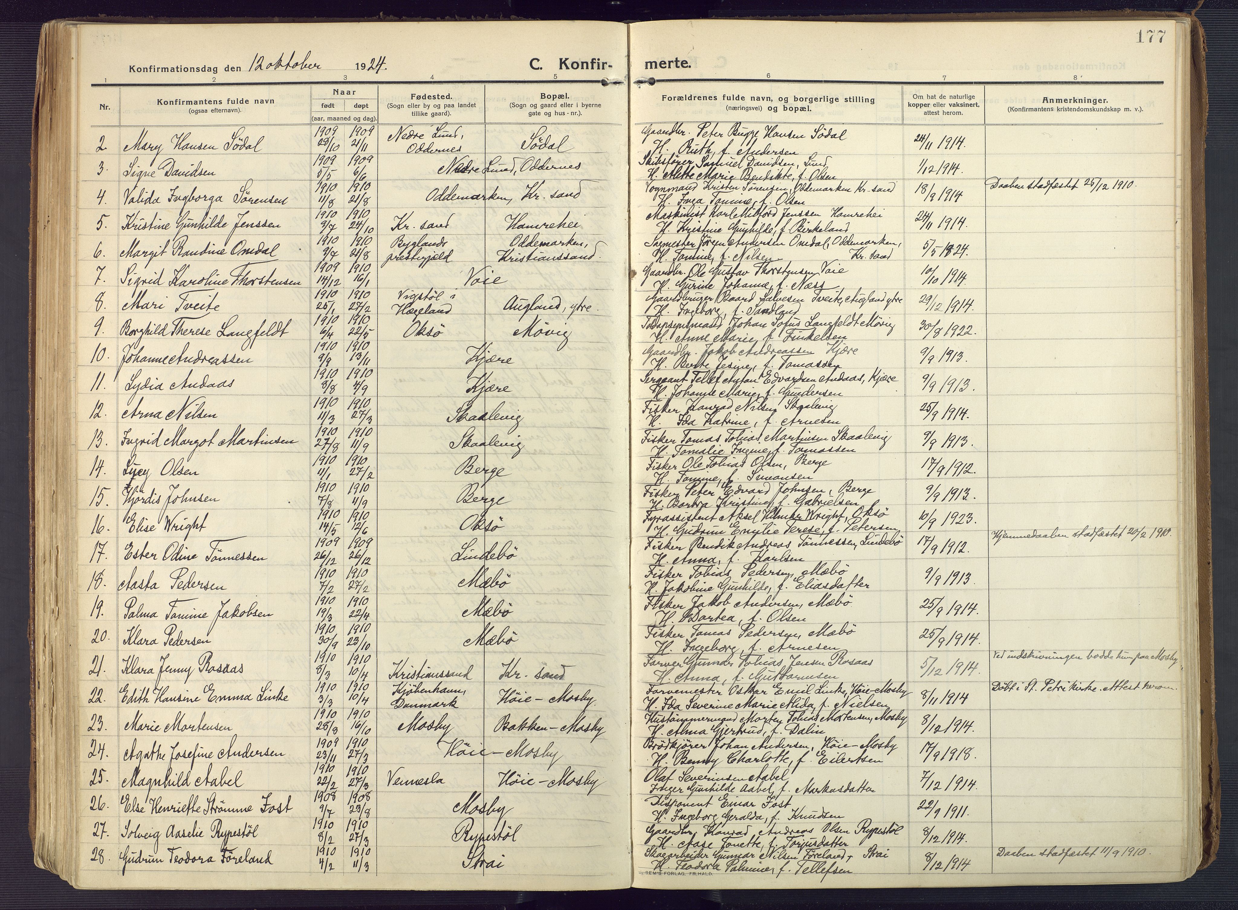 Oddernes sokneprestkontor, AV/SAK-1111-0033/F/Fa/Faa/L0012: Parish register (official) no. A 12, 1912-1925, p. 177