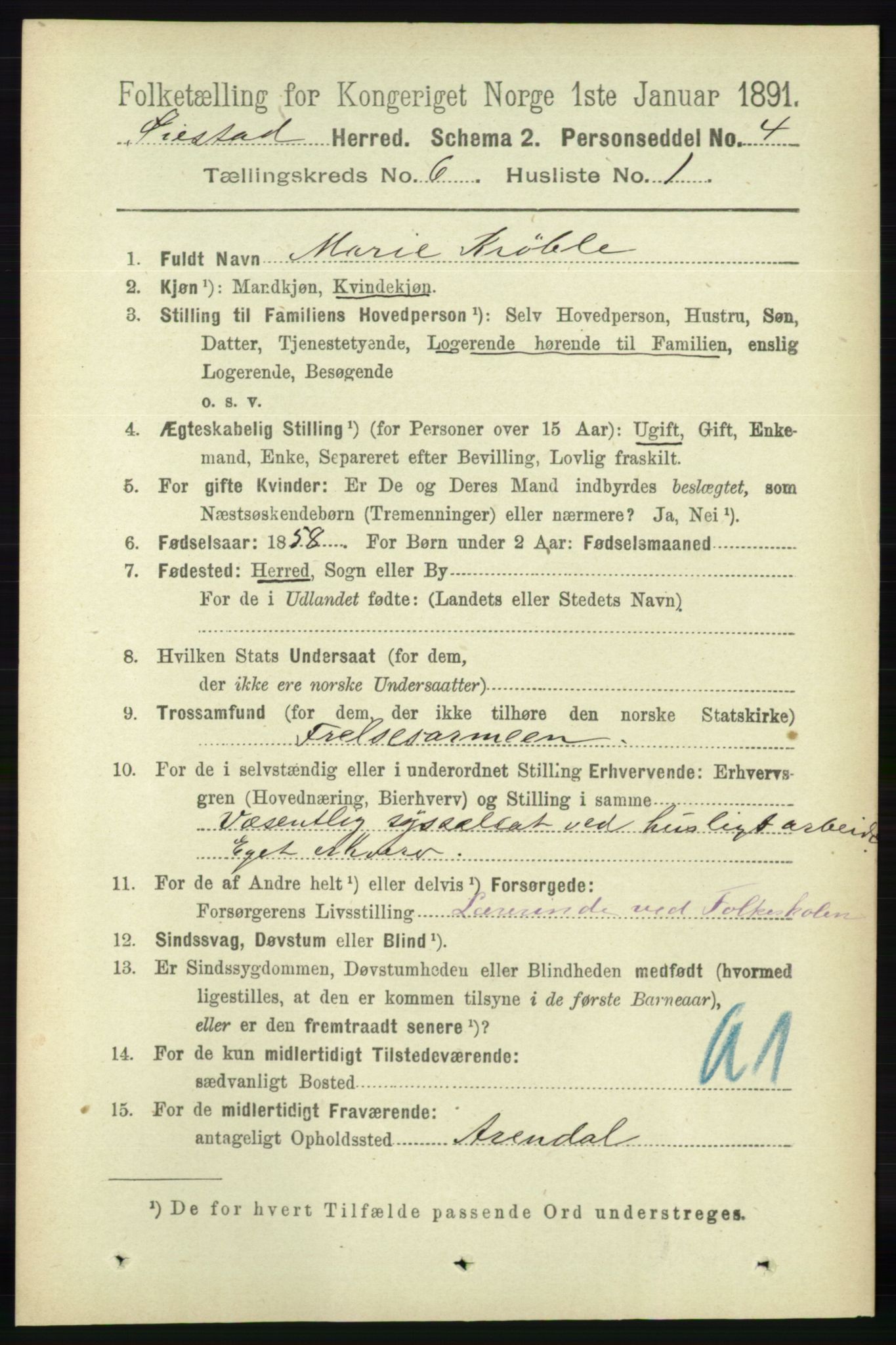 RA, 1891 census for 0920 Øyestad, 1891, p. 2134