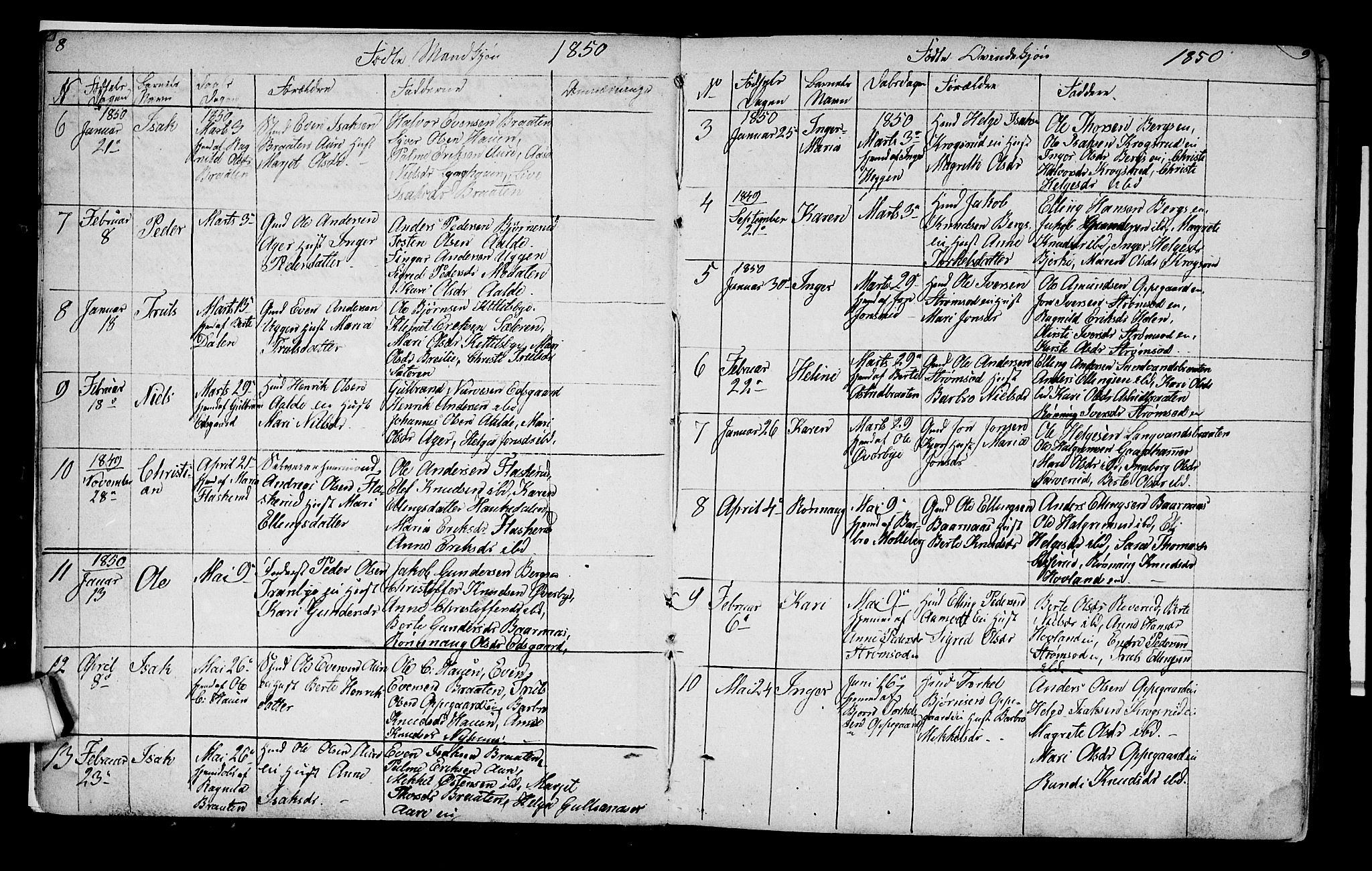 Lunder kirkebøker, AV/SAKO-A-629/G/Ga/L0002: Parish register (copy) no. I 2, 1849-1868, p. 8-9