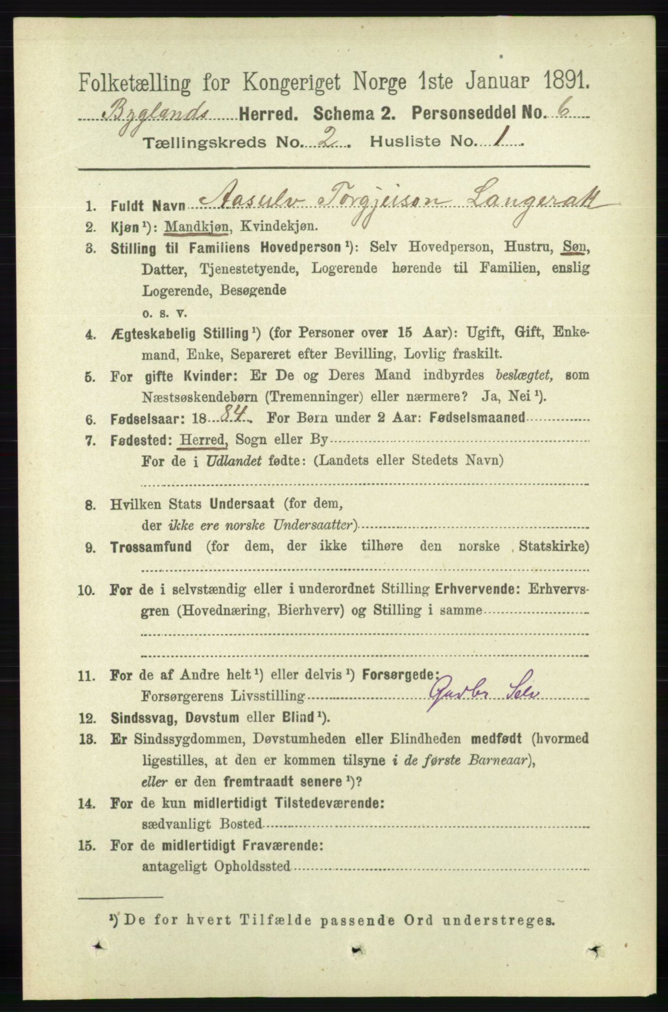 RA, 1891 census for 0938 Bygland, 1891, p. 260