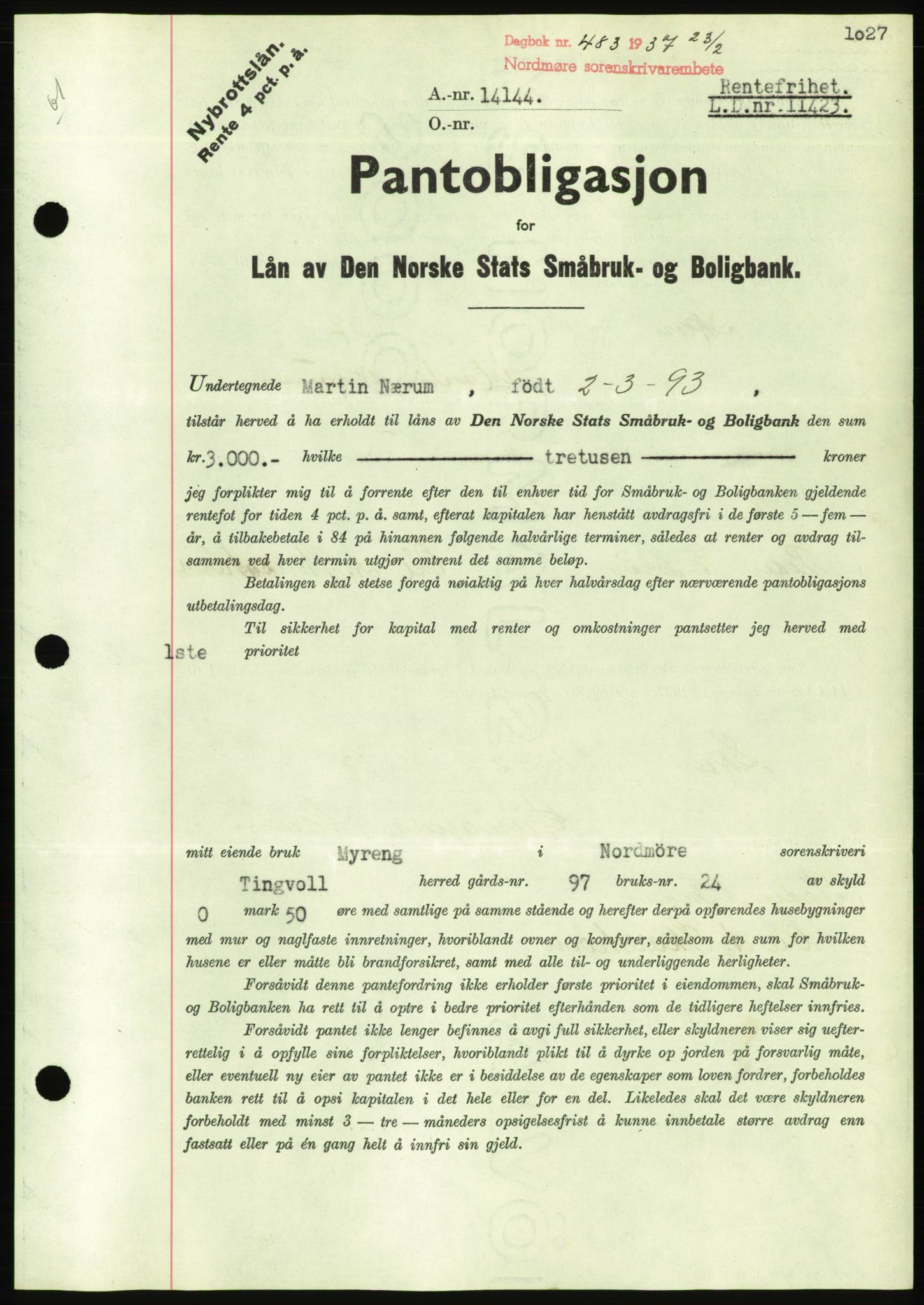 Nordmøre sorenskriveri, AV/SAT-A-4132/1/2/2Ca/L0090: Mortgage book no. B80, 1936-1937, Diary no: : 483/1937