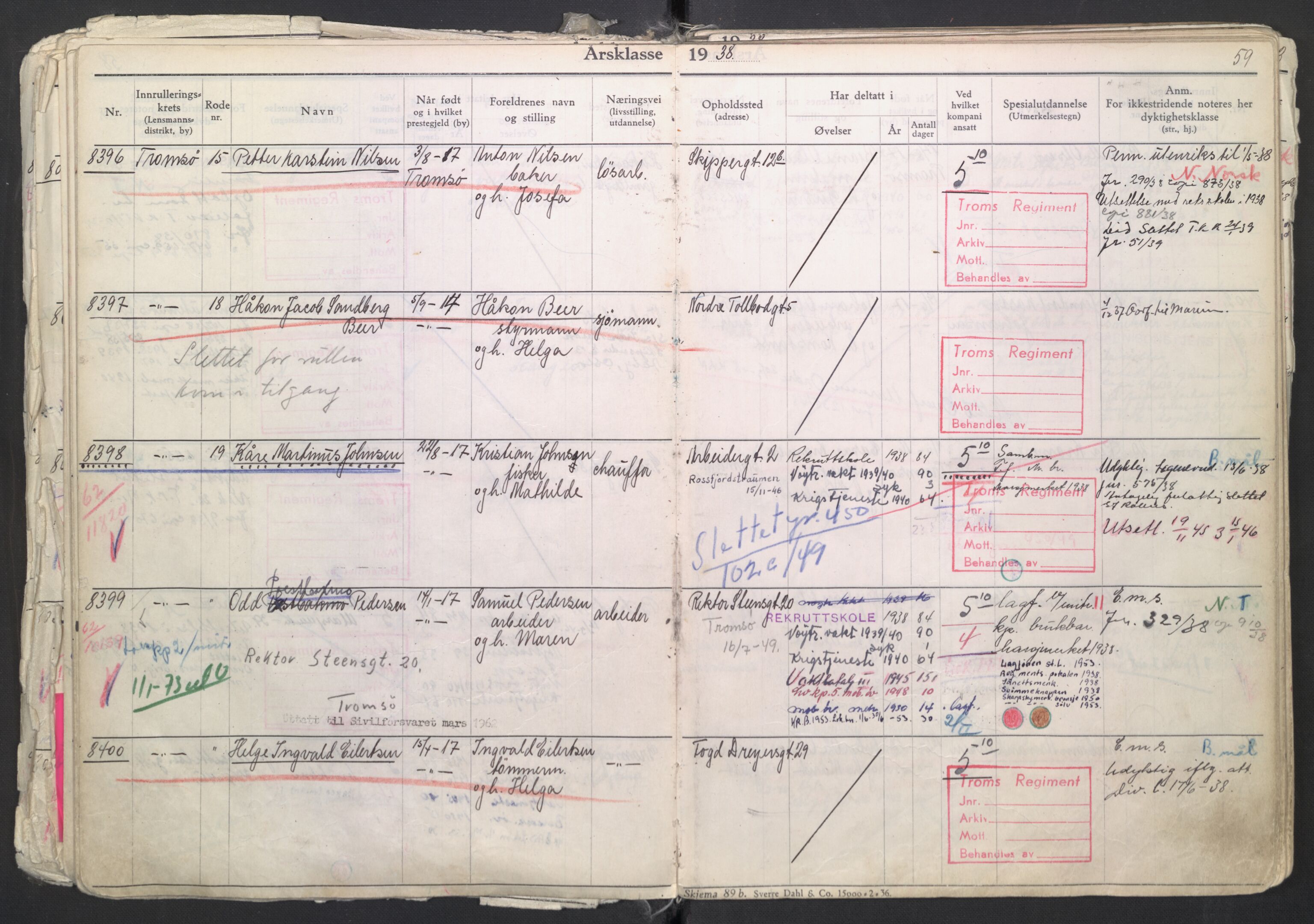 Forsvaret, Troms infanteriregiment nr. 16, AV/RA-RAFA-3146/P/Pa/L0007/0003: Ruller / Rulle for regimentets menige mannskaper, årsklasse 1938, 1938, p. 59