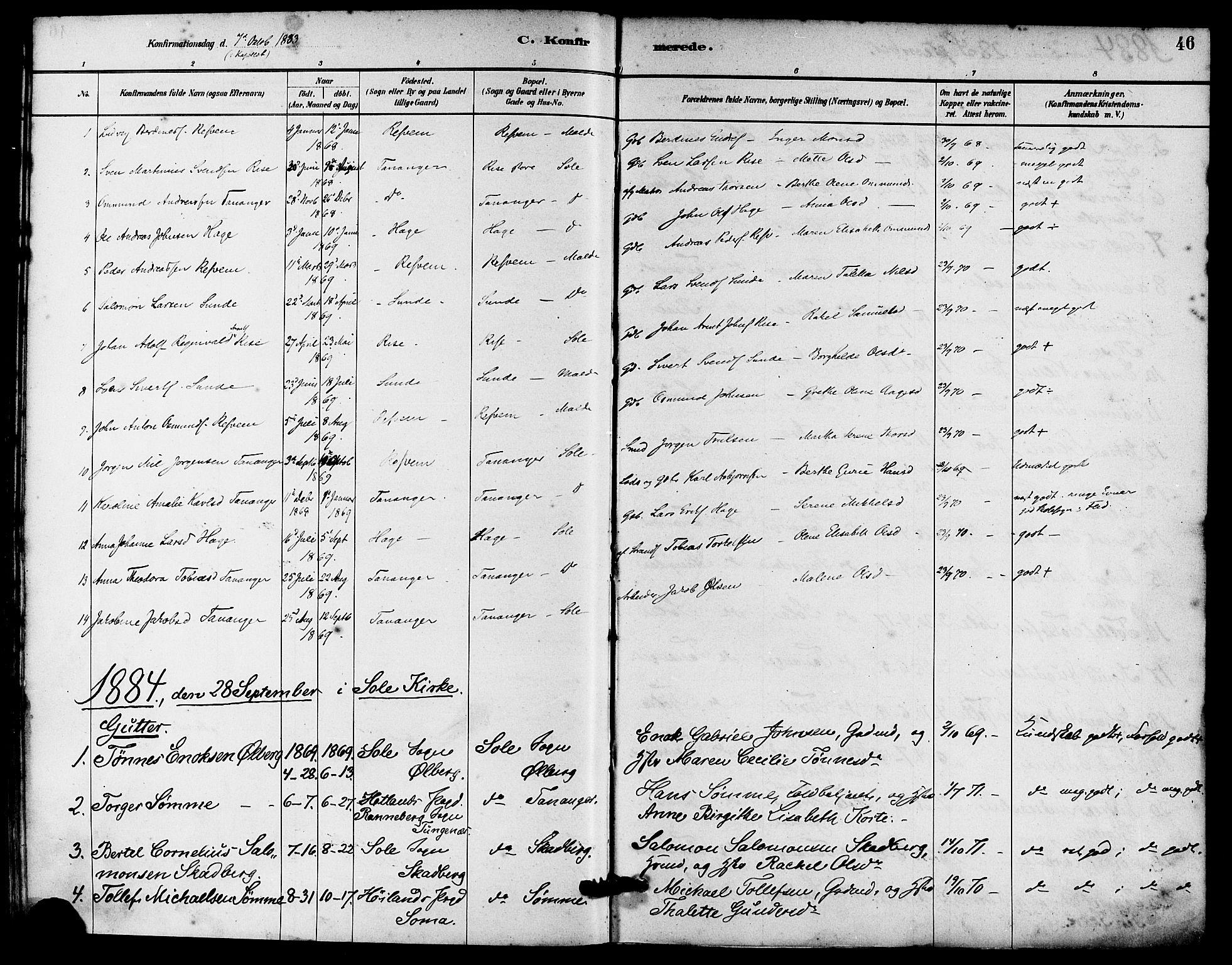 Håland sokneprestkontor, SAST/A-101802/001/30BA/L0010: Parish register (official) no. A 9, 1883-1888, p. 46