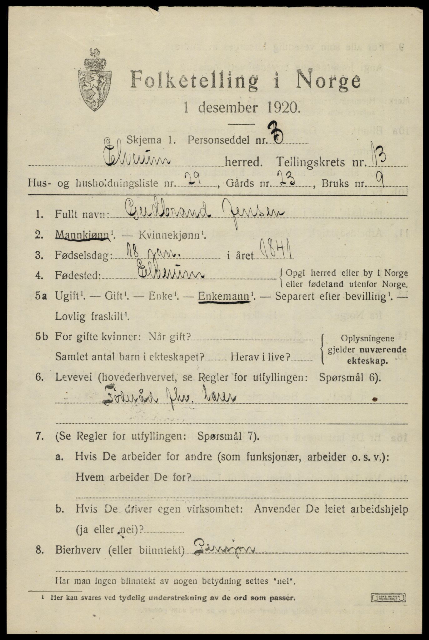 SAH, 1920 census for Elverum, 1920, p. 17704