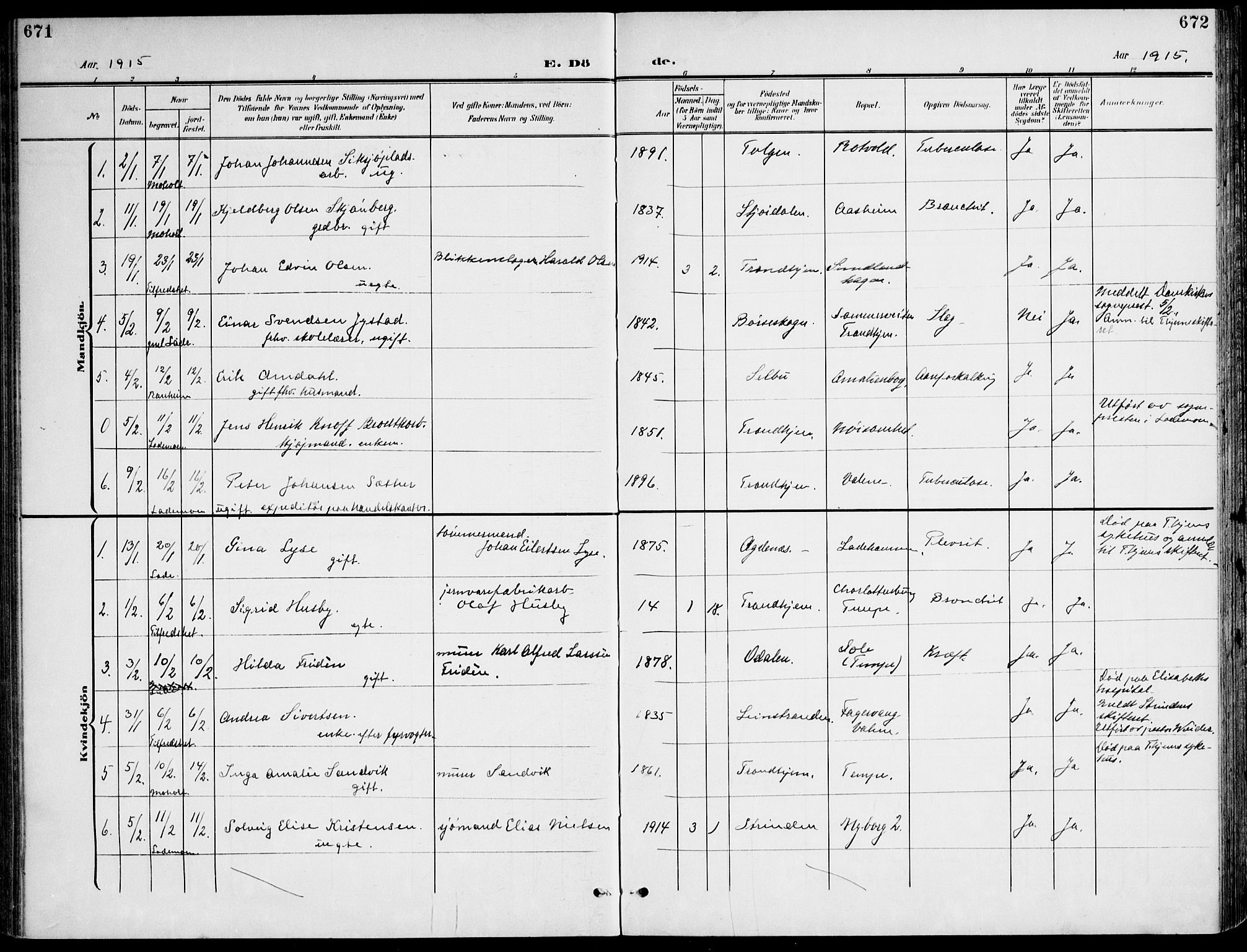 Ministerialprotokoller, klokkerbøker og fødselsregistre - Sør-Trøndelag, SAT/A-1456/607/L0320: Parish register (official) no. 607A04, 1907-1915, p. 671-672