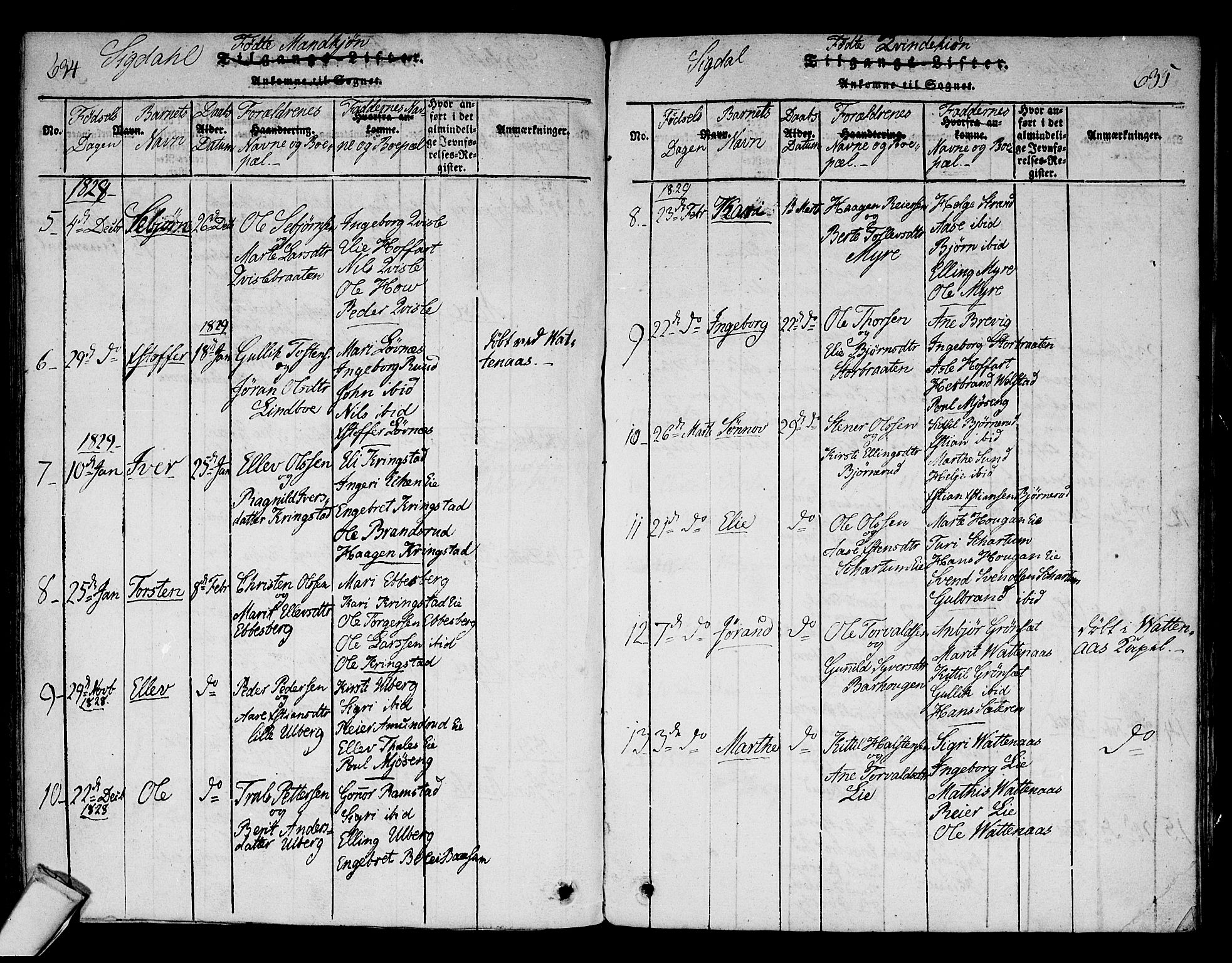 Sigdal kirkebøker, SAKO/A-245/F/Fa/L0005: Parish register (official) no. I 5 /1, 1815-1829, p. 634-635
