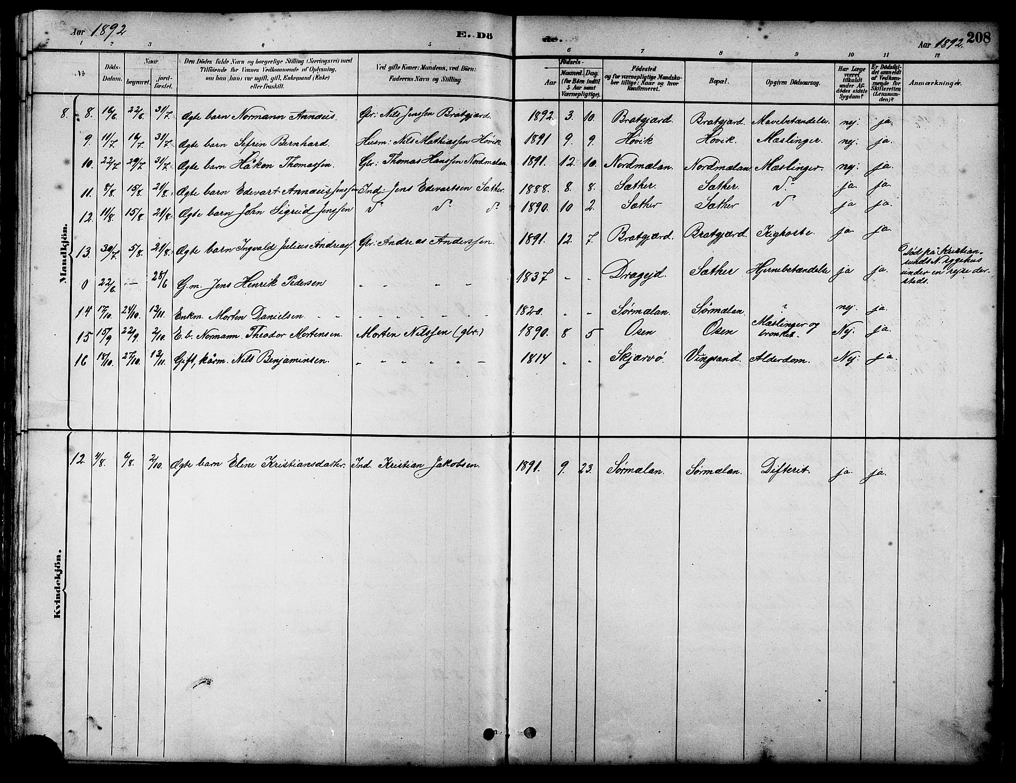 Ministerialprotokoller, klokkerbøker og fødselsregistre - Sør-Trøndelag, SAT/A-1456/658/L0726: Parish register (copy) no. 658C02, 1883-1908, p. 208
