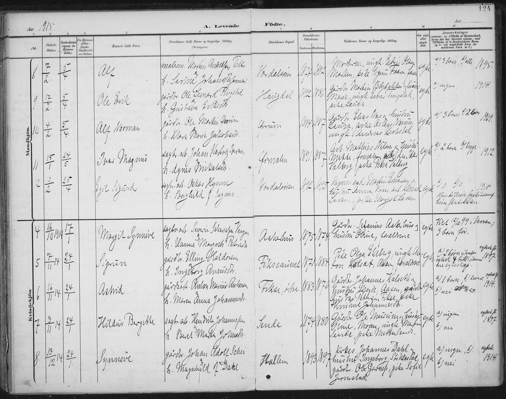 Ministerialprotokoller, klokkerbøker og fødselsregistre - Nord-Trøndelag, AV/SAT-A-1458/723/L0246: Parish register (official) no. 723A15, 1900-1917, p. 124