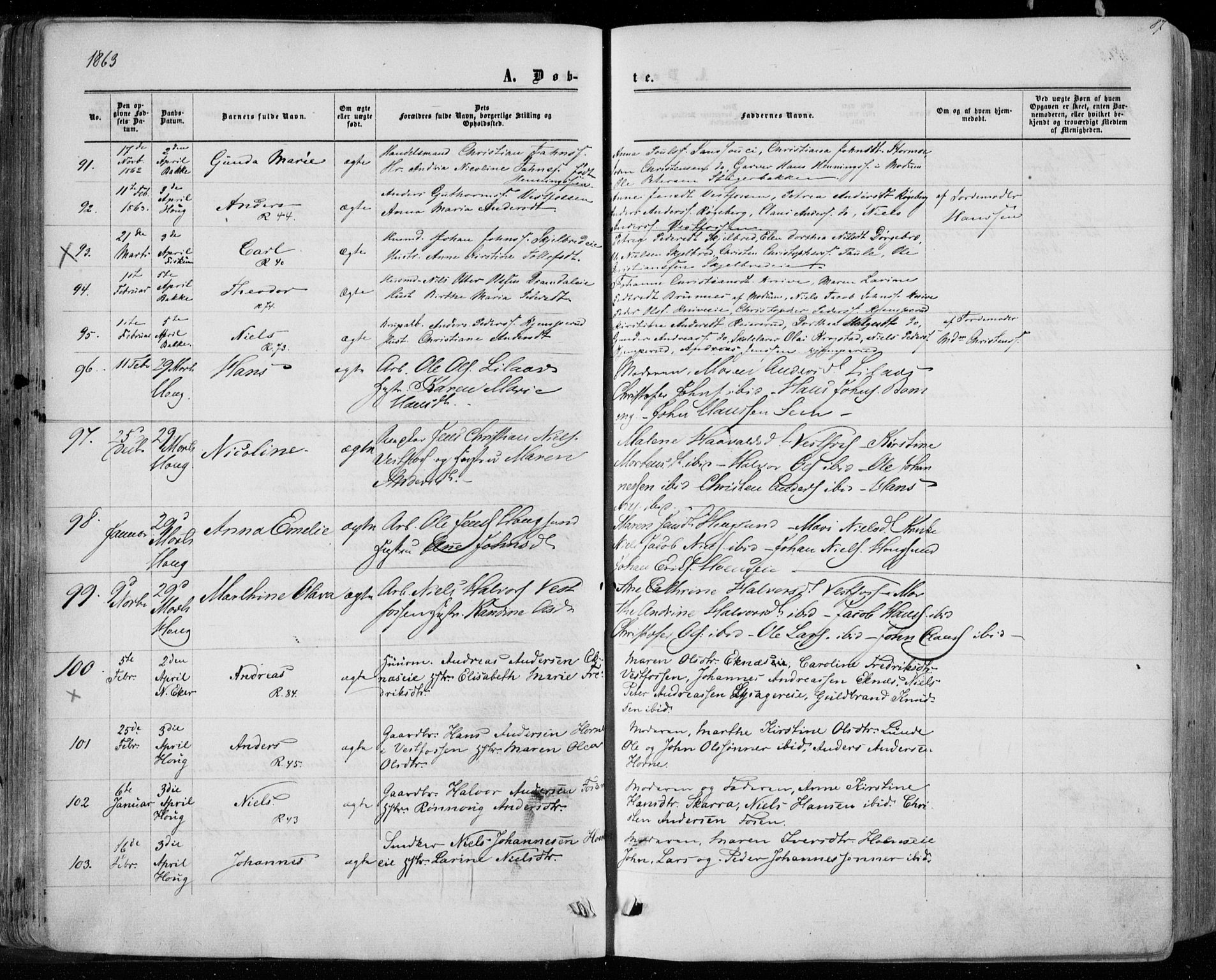 Eiker kirkebøker, SAKO/A-4/F/Fa/L0016: Parish register (official) no. I 16, 1860-1868, p. 87