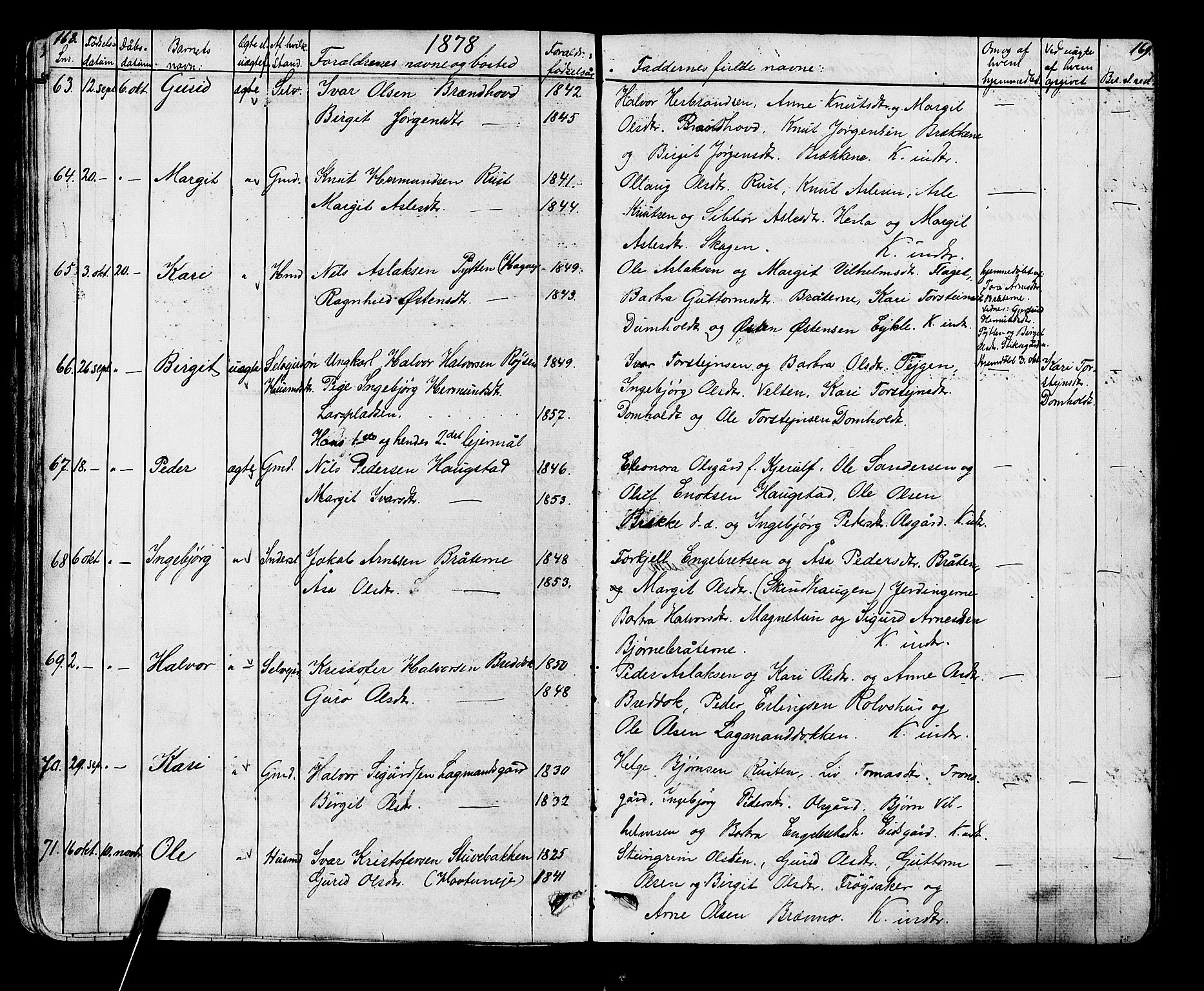 Gol kirkebøker, AV/SAKO-A-226/G/Ga/L0002: Parish register (copy) no. I 2, 1860-1887, p. 168-169