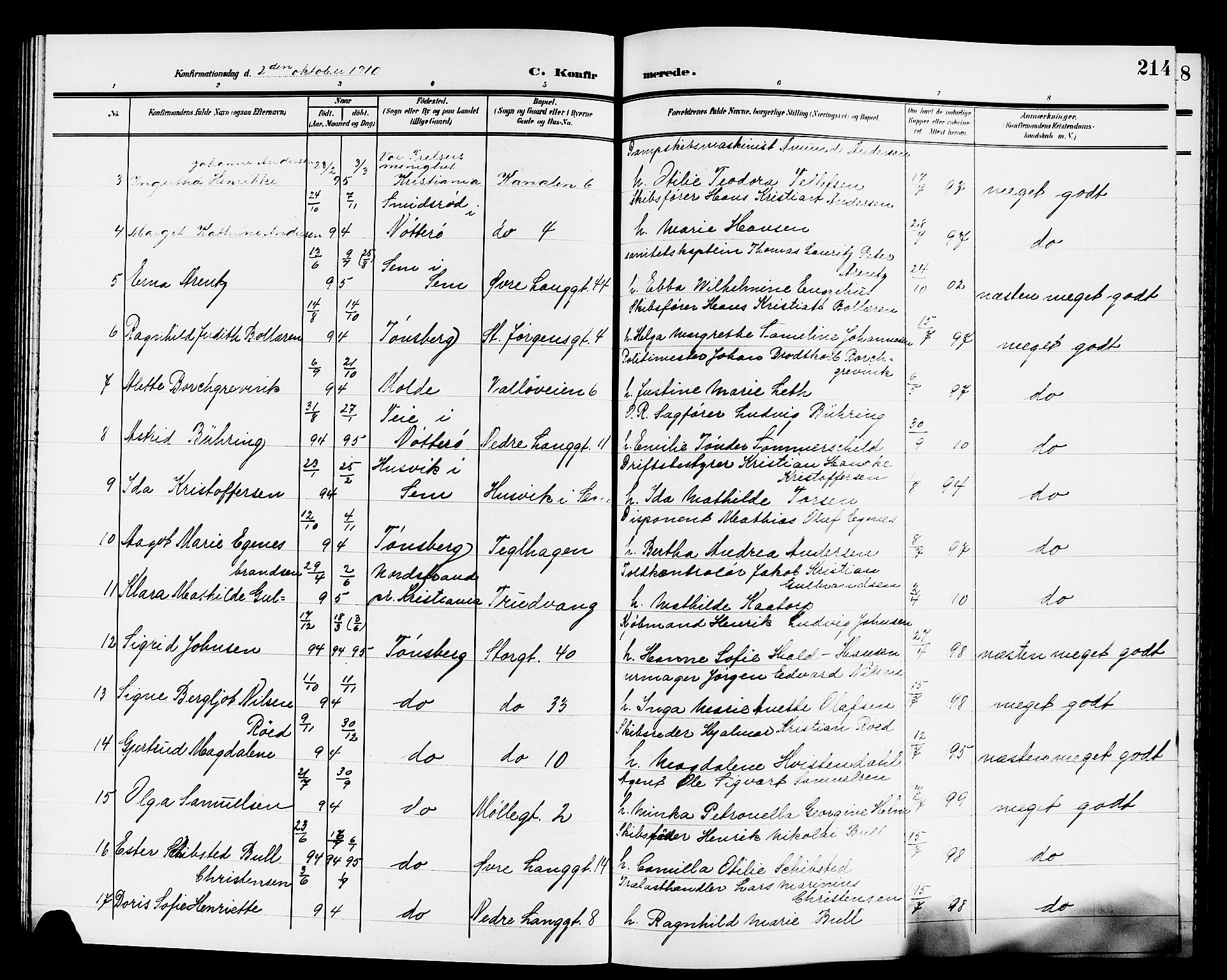 Tønsberg kirkebøker, AV/SAKO-A-330/G/Ga/L0008: Parish register (copy) no. 8, 1905-1912, p. 214