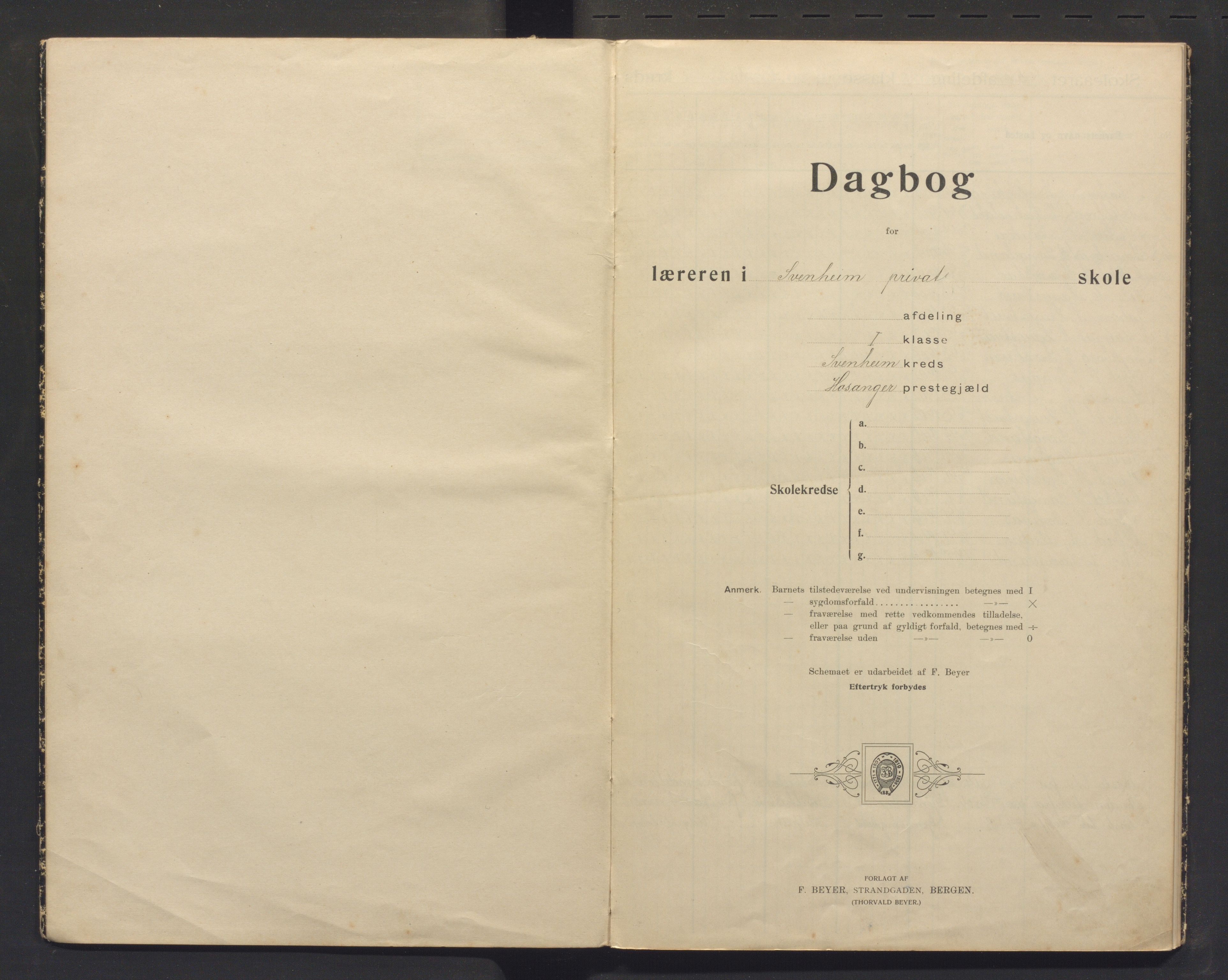 Hosanger kommune. Barneskulane, IKAH/1253a-231/G/Ga/L0005: Dagbok for Svenheim private skule 1. klasse, 1904-1908