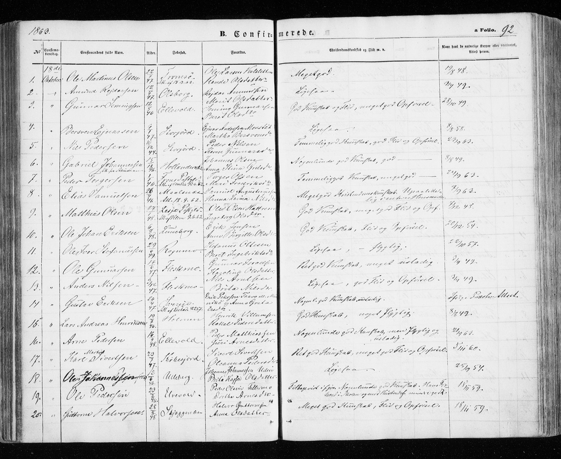Målselv sokneprestembete, SATØ/S-1311/G/Ga/Gaa/L0004kirke: Parish register (official) no. 4, 1863-1872, p. 92