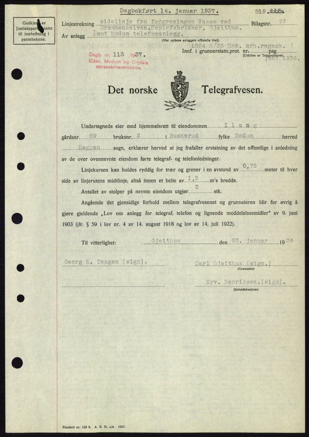 Eiker, Modum og Sigdal sorenskriveri, SAKO/A-123/G/Ga/Gab/L0034: Mortgage book no. A4, 1936-1937, Diary no: : 113/1937