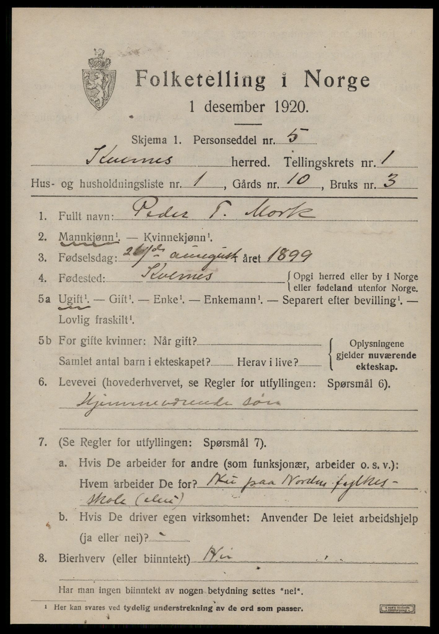 SAT, 1920 census for Kvernes, 1920, p. 291