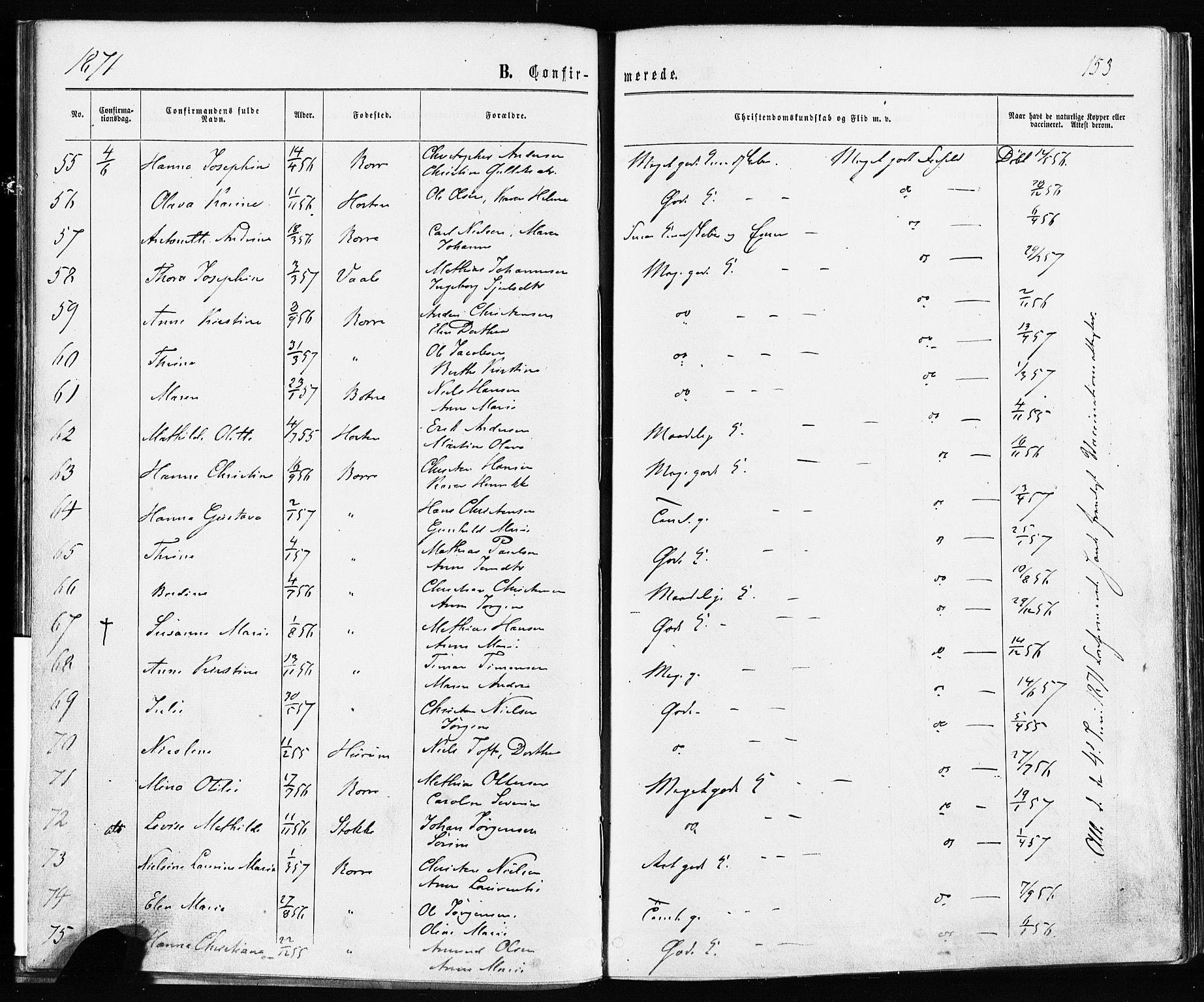 Borre kirkebøker, AV/SAKO-A-338/F/Fa/L0008: Parish register (official) no. I 8, 1868-1877, p. 153