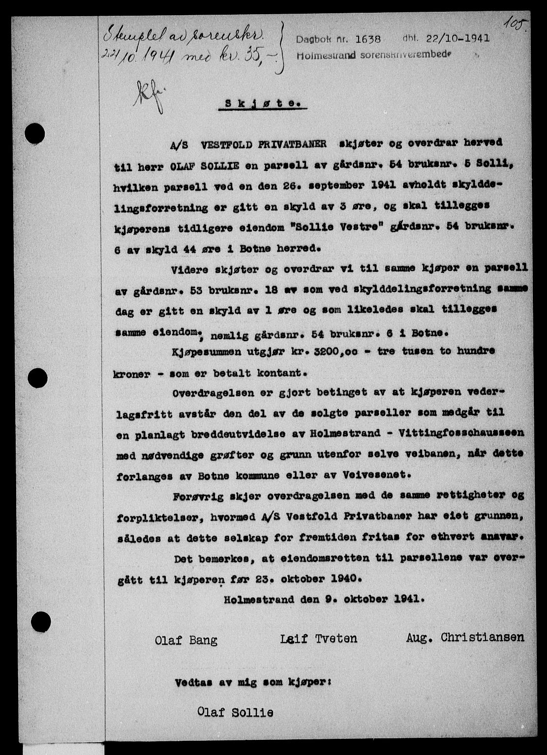 Holmestrand sorenskriveri, SAKO/A-67/G/Ga/Gaa/L0054: Mortgage book no. A-54, 1941-1942, Diary no: : 1638/1941