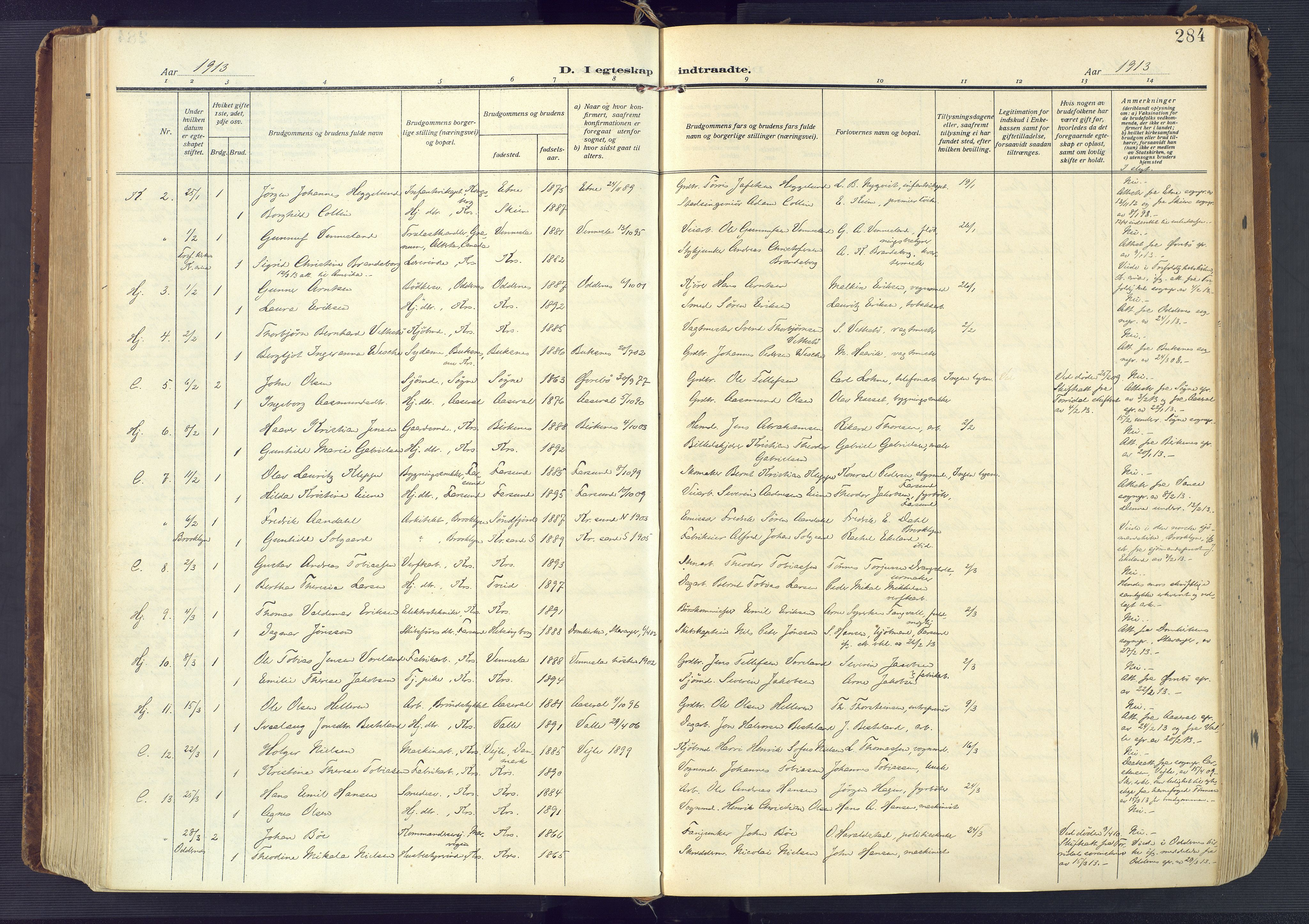 Kristiansand domprosti, AV/SAK-1112-0006/F/Fa/L0023: Parish register (official) no. A 22, 1909-1917, p. 284