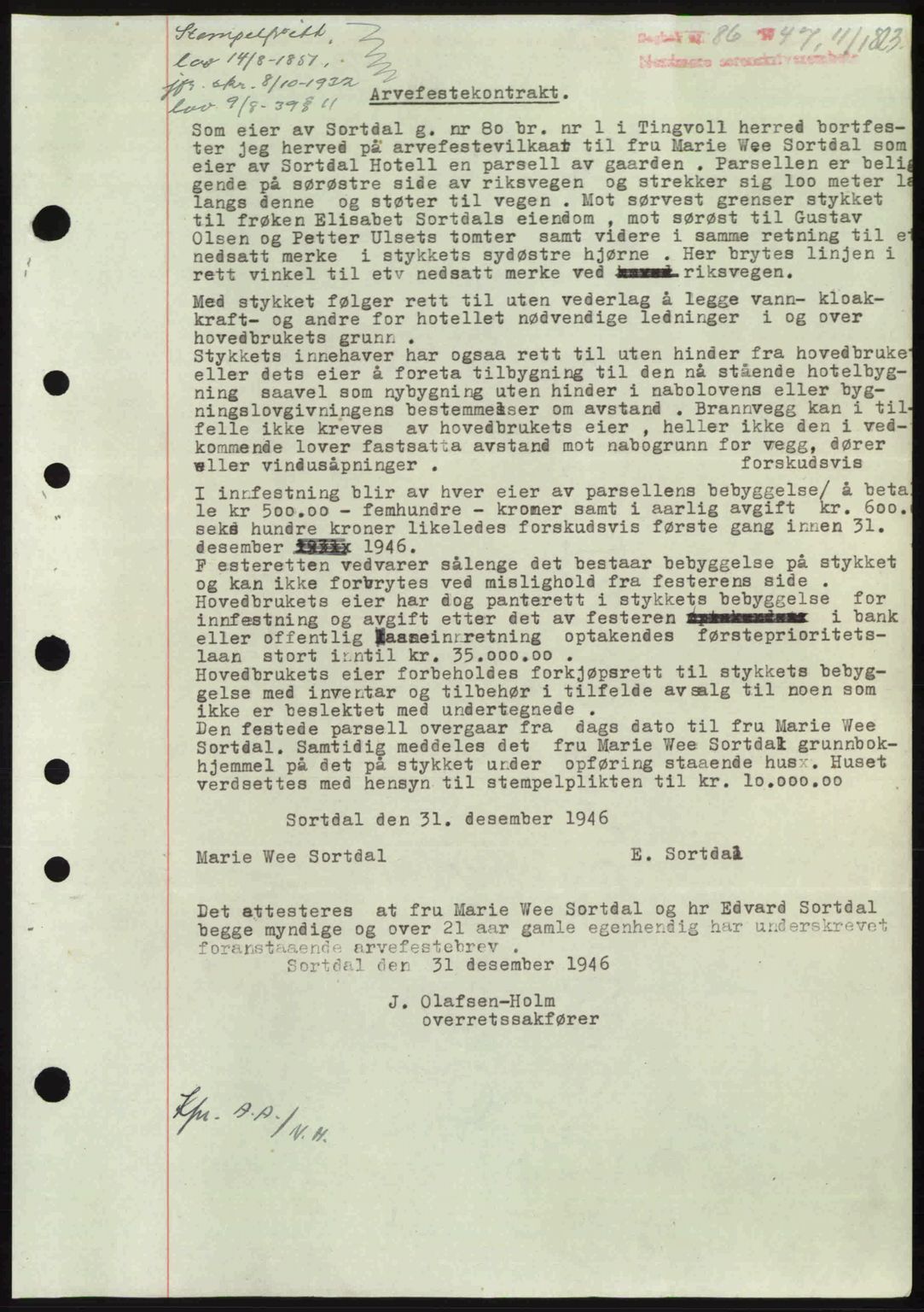 Nordmøre sorenskriveri, AV/SAT-A-4132/1/2/2Ca: Mortgage book no. A103, 1946-1947, Diary no: : 86/1947
