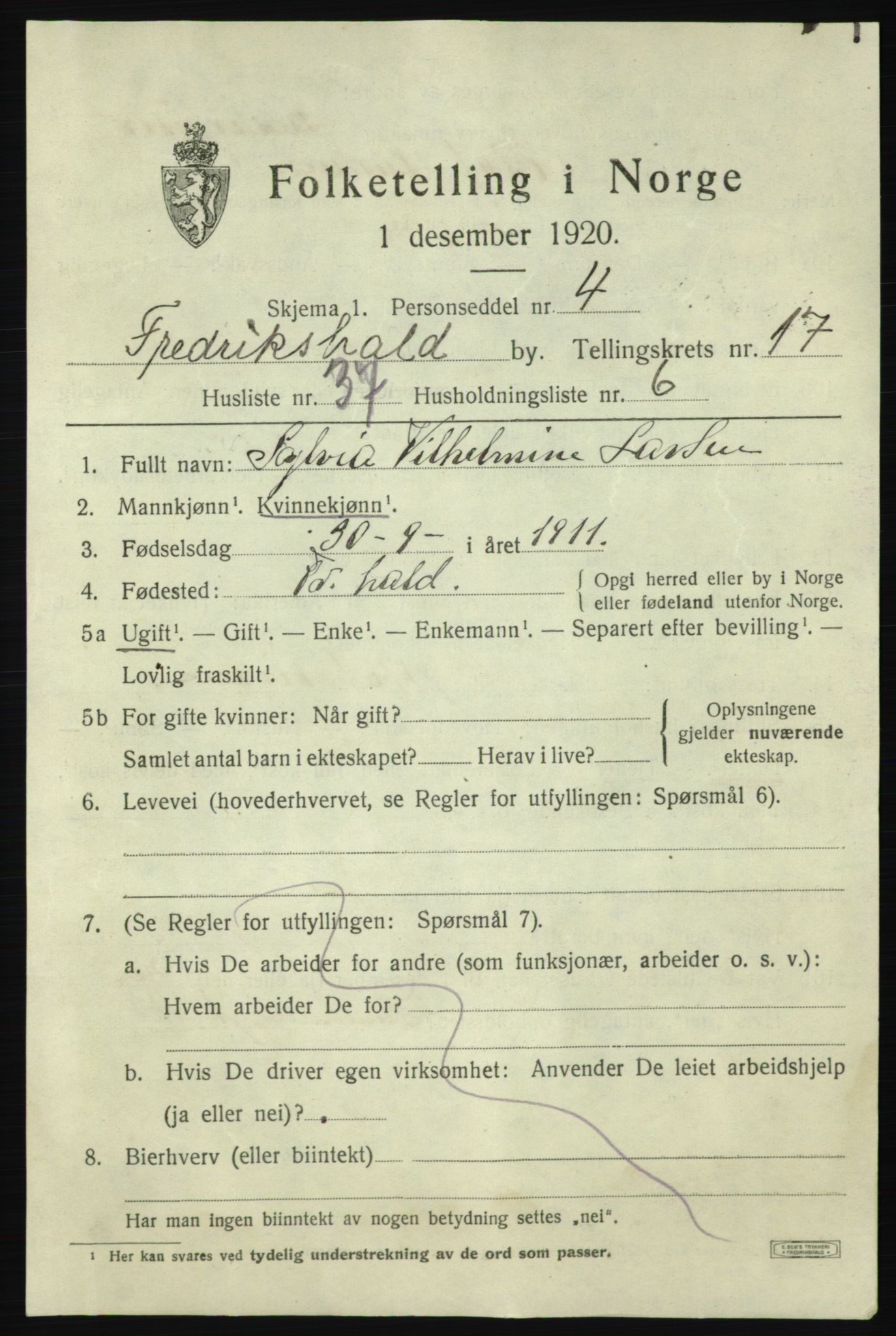 SAO, 1920 census for Fredrikshald, 1920, p. 26962