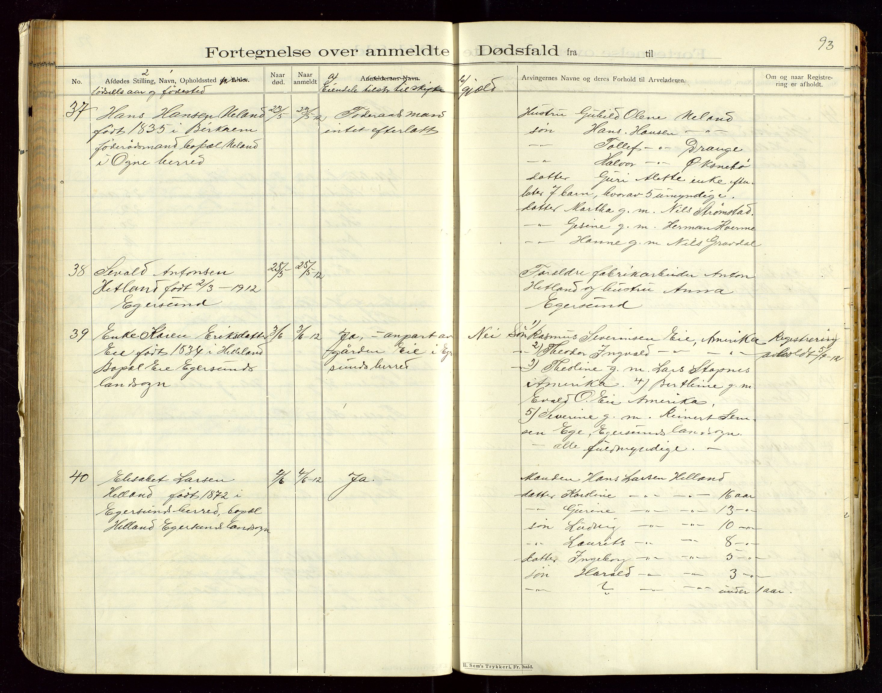 Eigersund lensmannskontor, AV/SAST-A-100171/Gga/L0005: "Dødsfalds-Protokol" m/alfabetisk navneregister, 1905-1913, p. 93