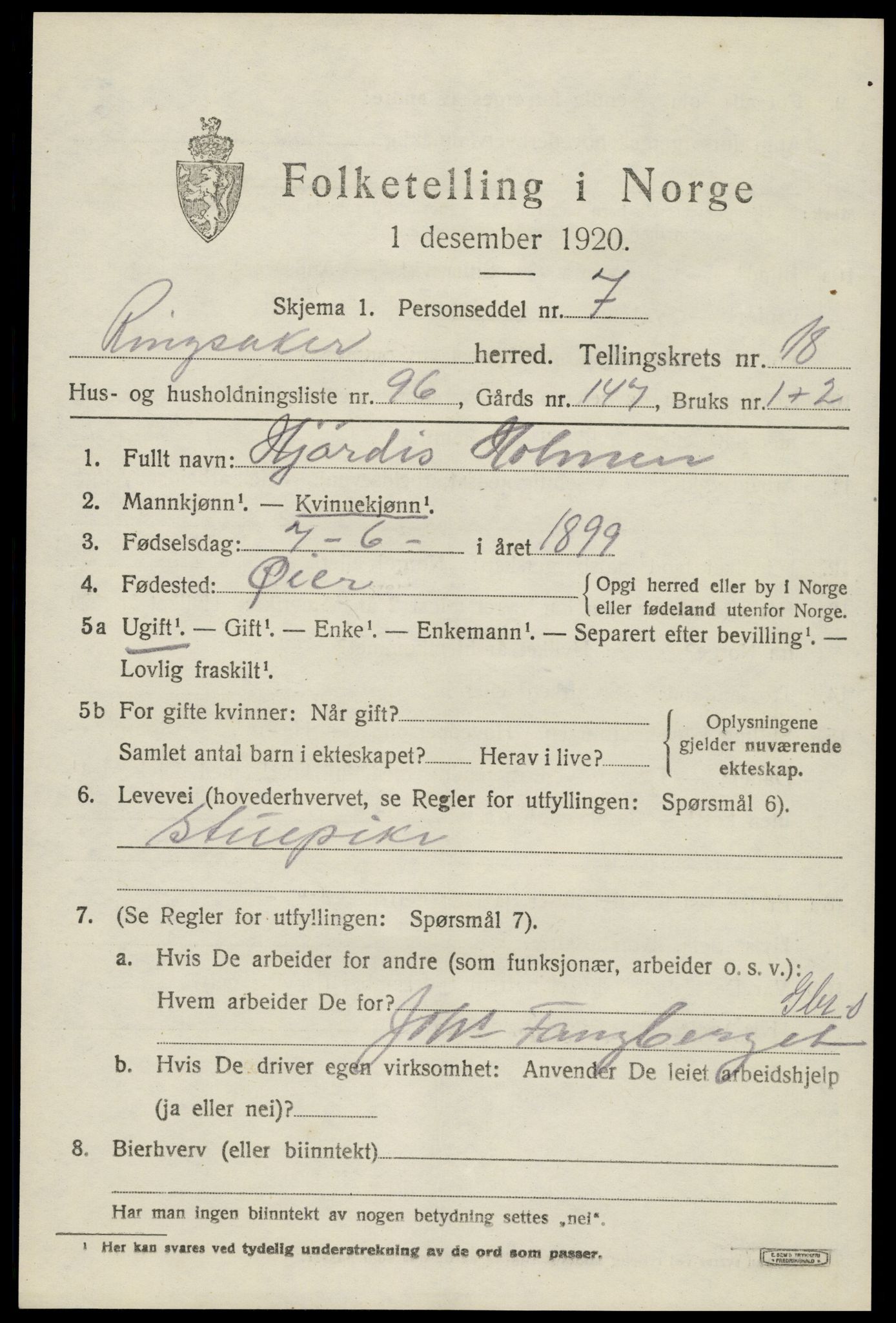 SAH, 1920 census for Ringsaker, 1920, p. 26194