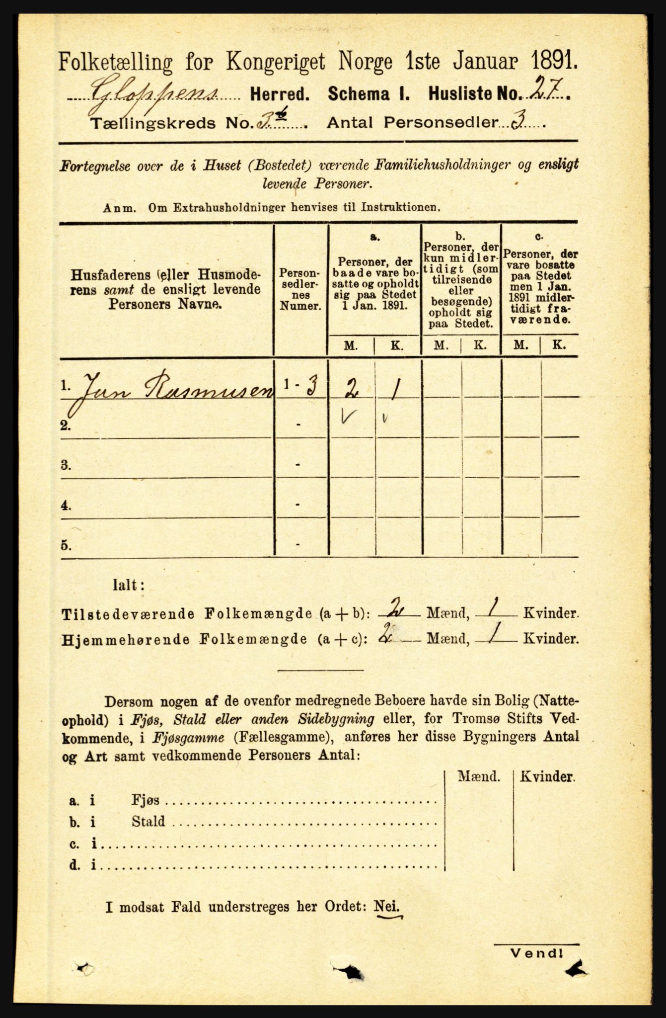 RA, 1891 census for 1445 Gloppen, 1891, p. 1443