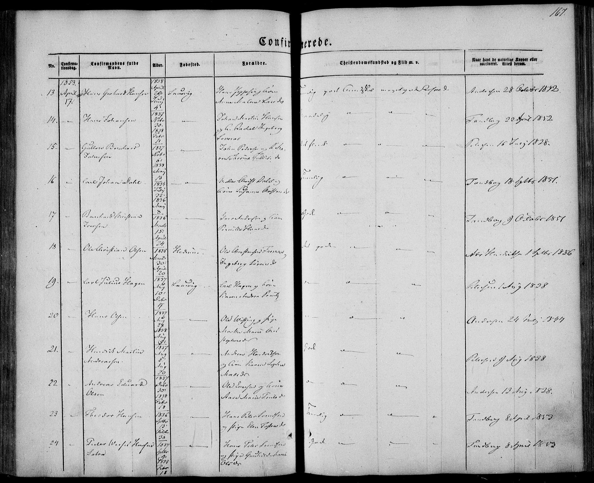 Larvik kirkebøker, AV/SAKO-A-352/F/Fa/L0003: Parish register (official) no. I 3, 1848-1856, p. 167