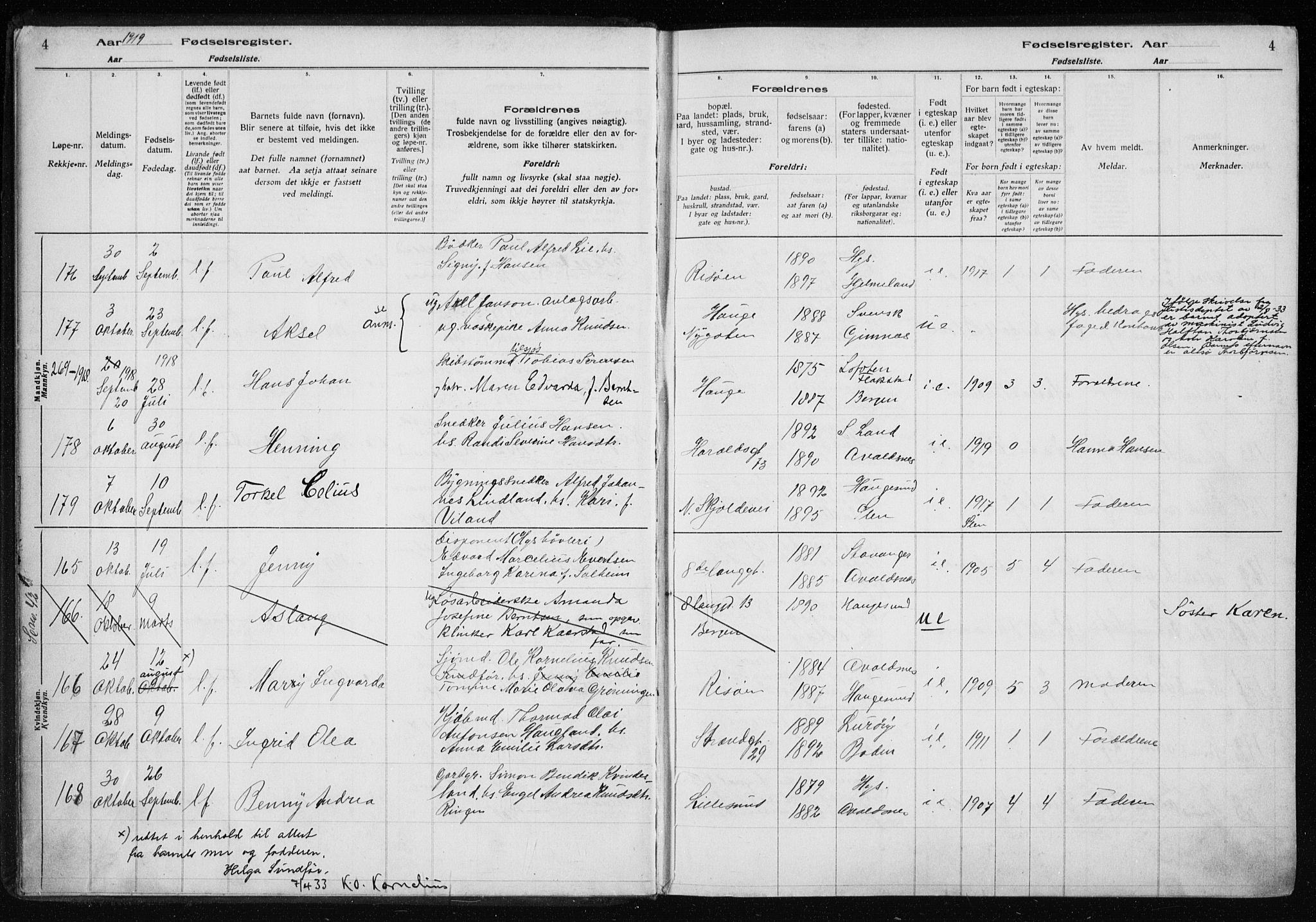 Haugesund sokneprestkontor, SAST/A -101863/I/Id/L0004: Birth register no. 2, 1919-1923, p. 4