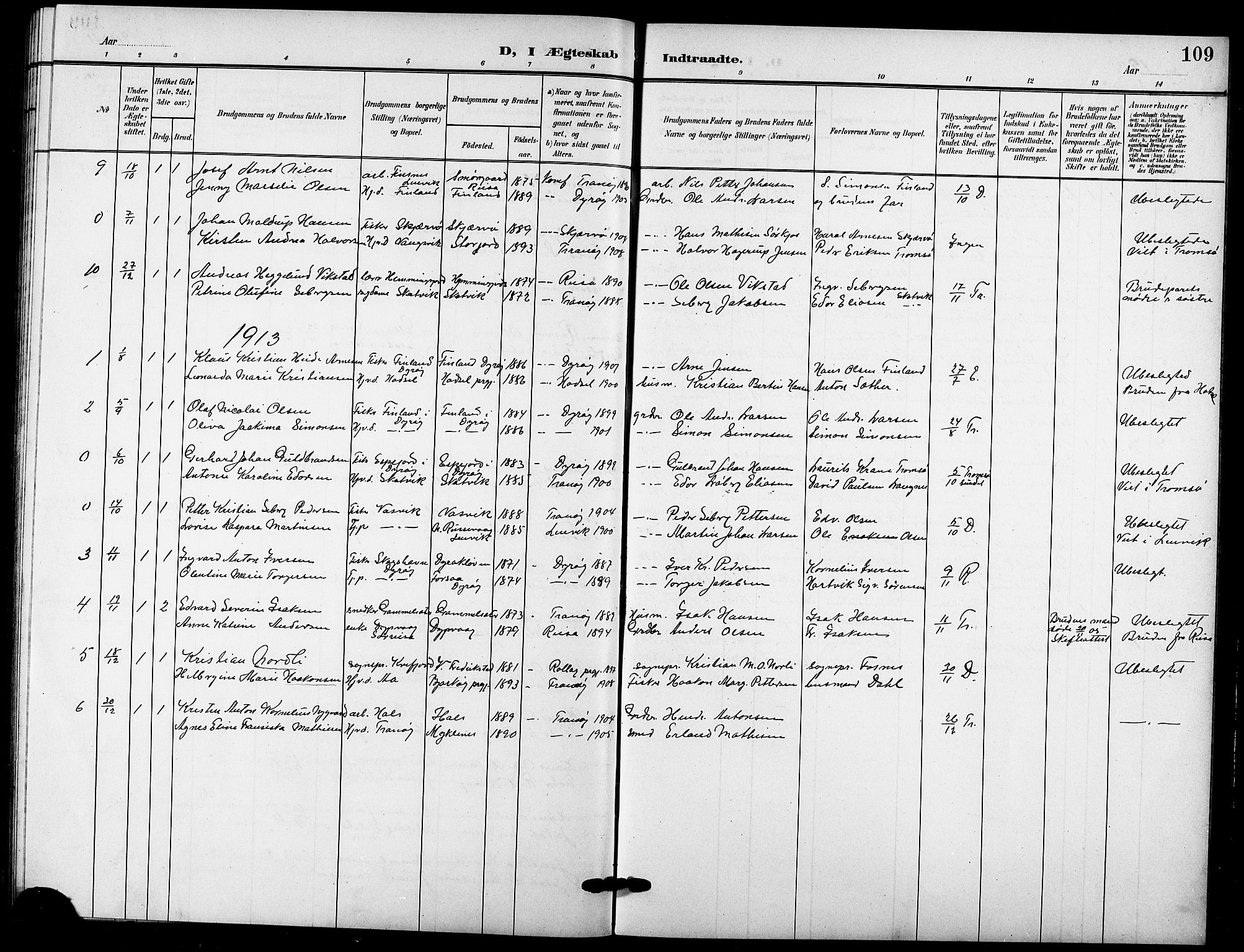 Tranøy sokneprestkontor, SATØ/S-1313/I/Ia/Iab/L0005klokker: Parish register (copy) no. 5, 1902-1919, p. 109