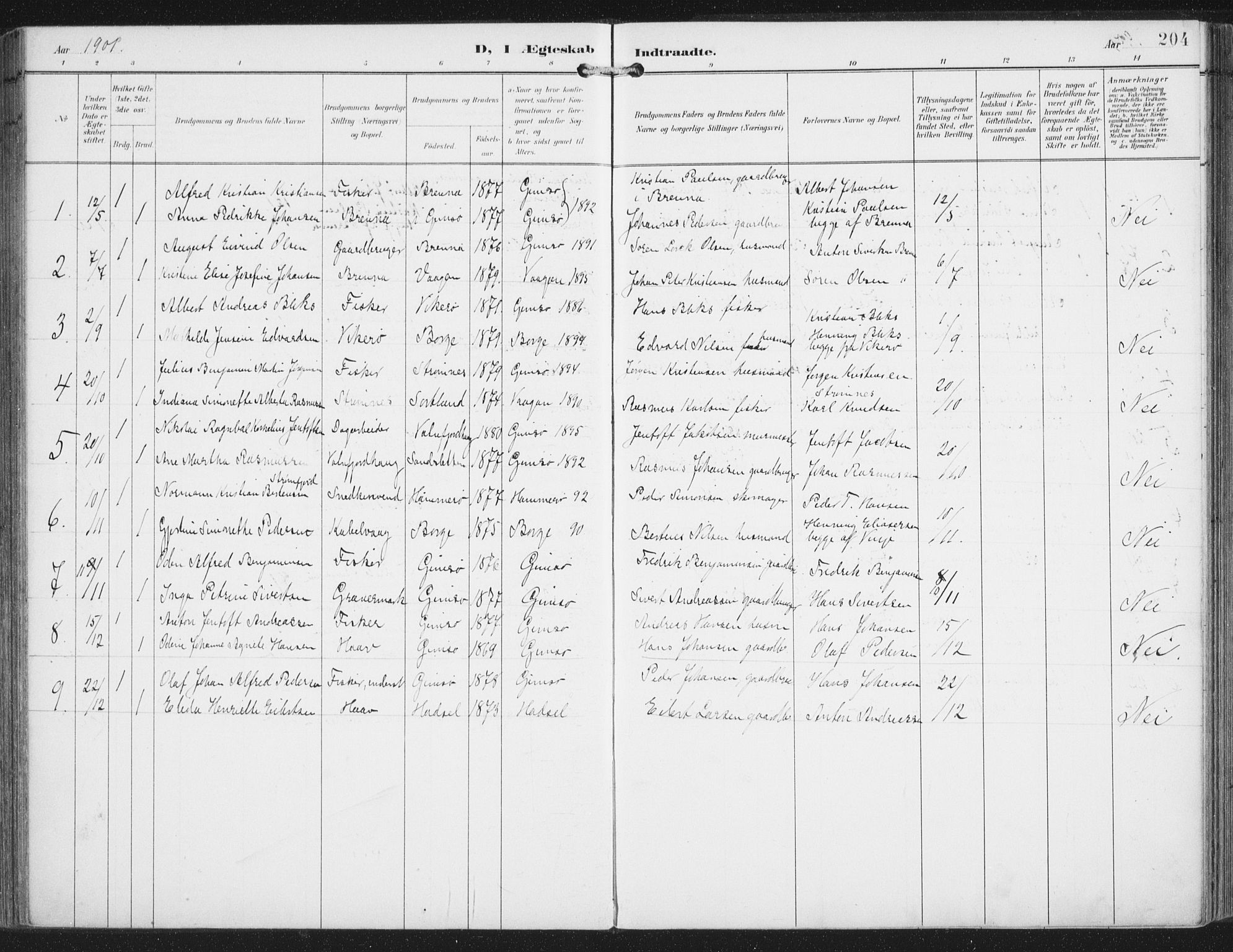 Ministerialprotokoller, klokkerbøker og fødselsregistre - Nordland, SAT/A-1459/876/L1098: Parish register (official) no. 876A04, 1896-1915, p. 204