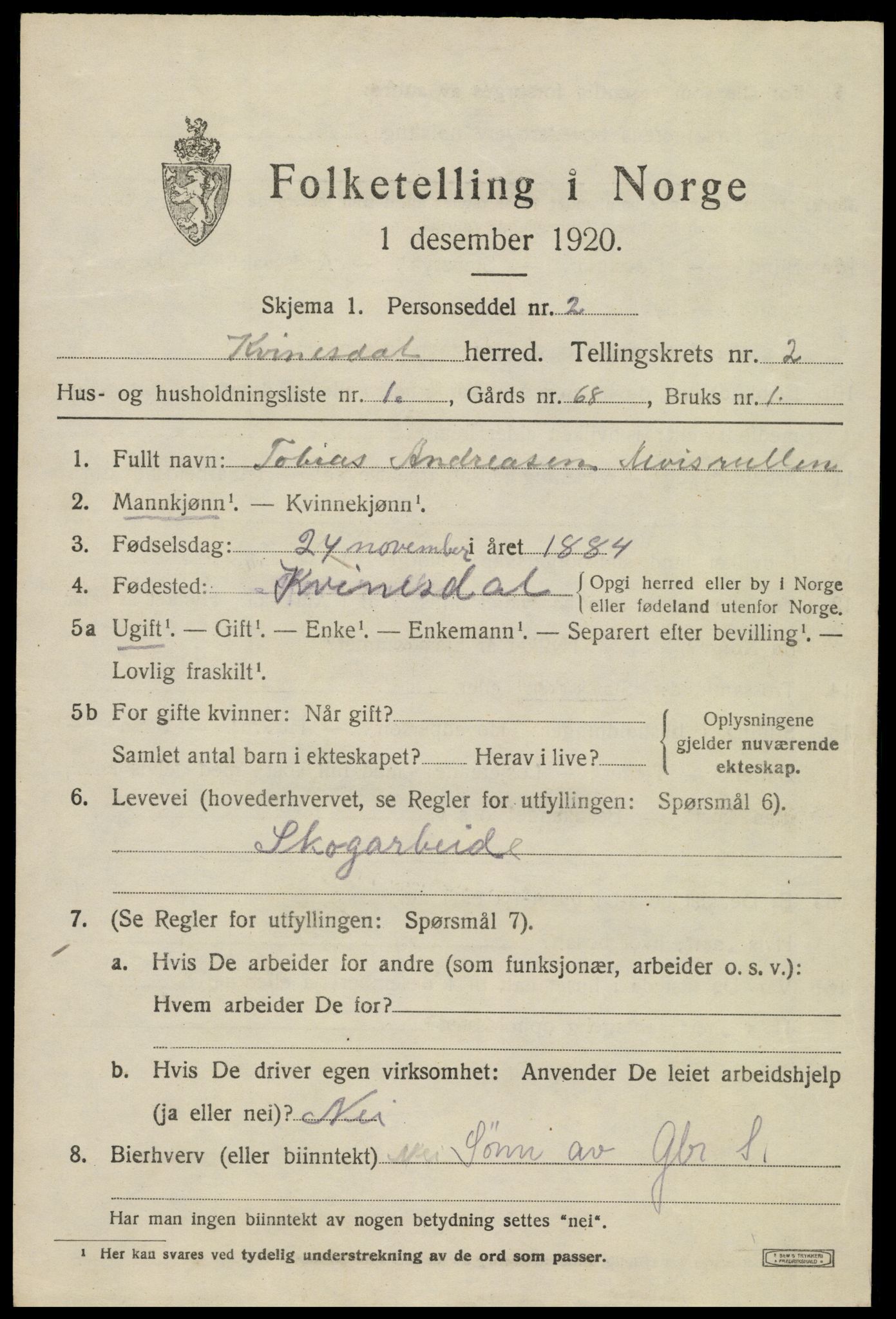 SAK, 1920 census for Kvinesdal, 1920, p. 1941